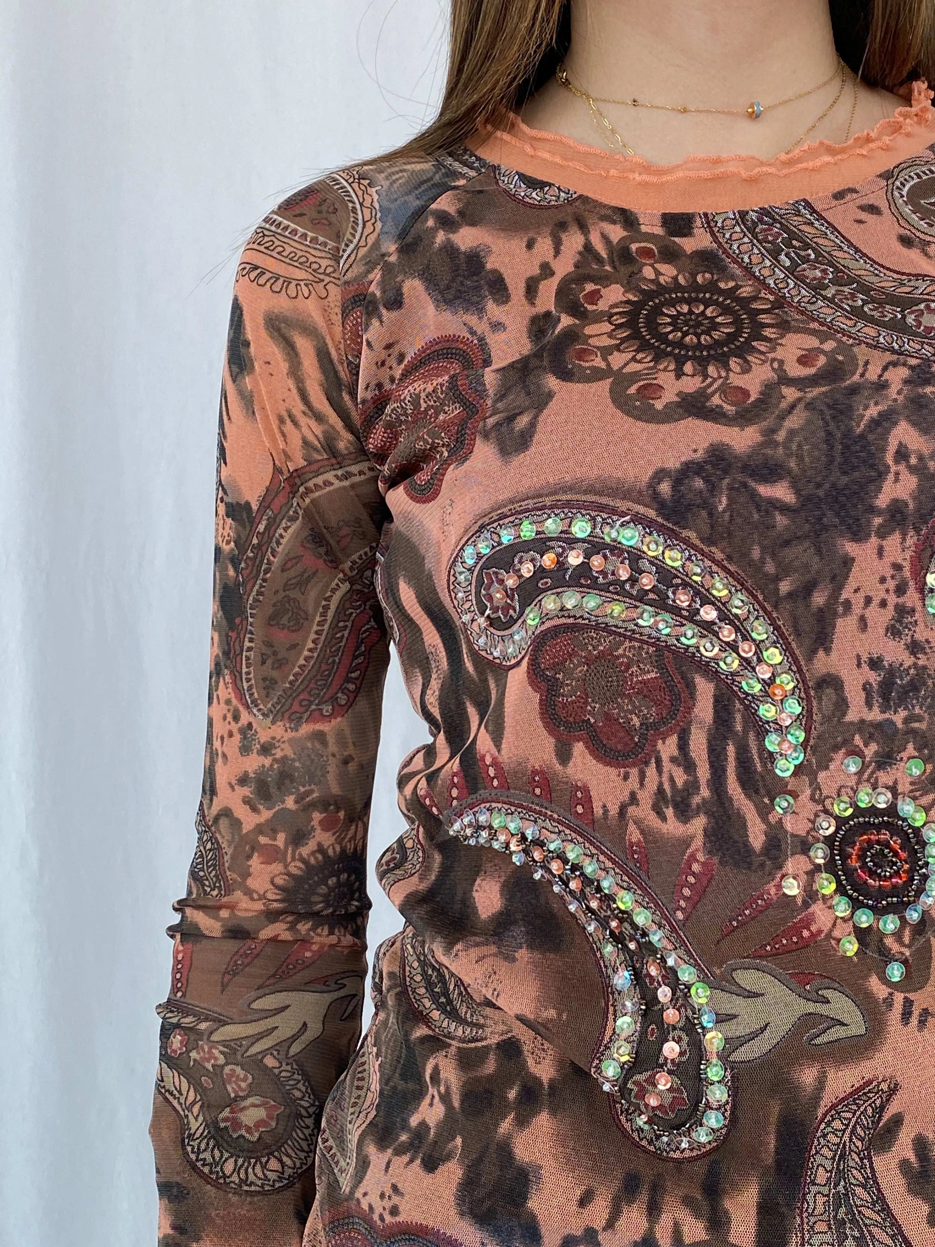 Vintage Y2K JV Selection Australia Printed Mesh Top Size M - Balagan Vintage Full Sleeve Top 00s, 90s, full sleeve top, Juana, mesh top