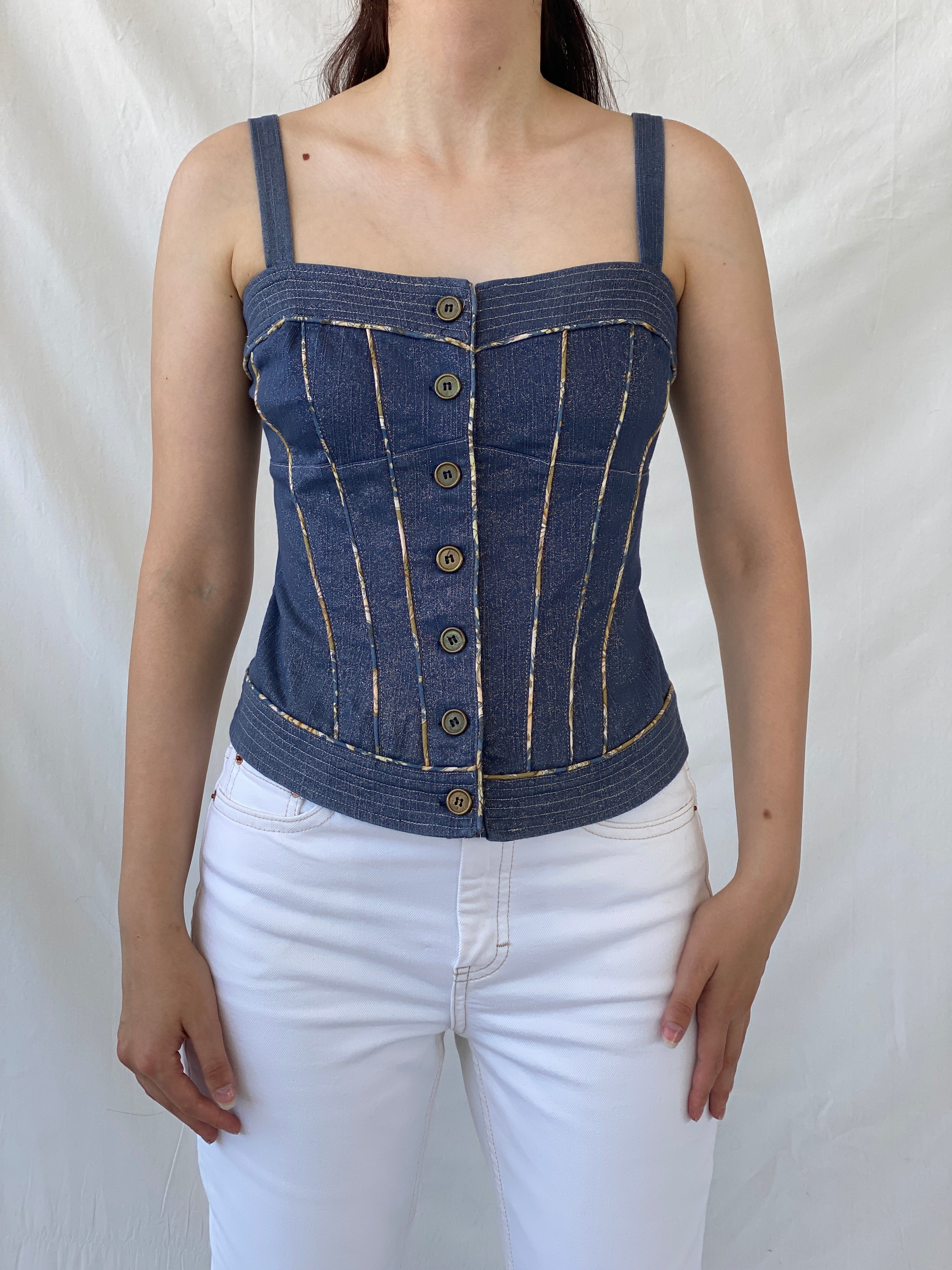 Vintage Y2K Lovie Denim Button Up Corset Top - S - Balagan Vintage Sleeveless Top 00s, Ayah, denim, NEW IN, summer, women top