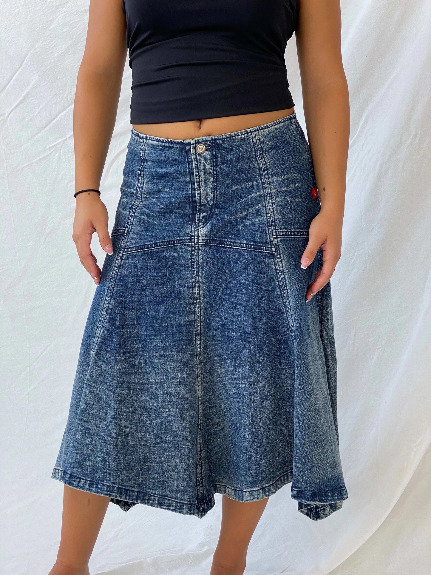 Vintage Y2K New London Midi Denim Asymmetric Hem Skirt - L - Balagan Vintage Midi Skirt 00s, denim, denim skirt, Lana, midi skirt, summer