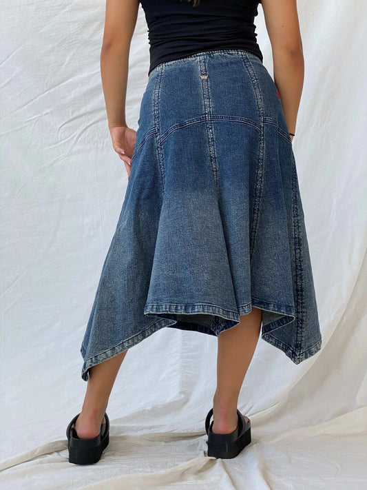 Vintage Y2K New London Midi Denim Asymmetric Hem Skirt - L - Balagan Vintage Midi Skirt 00s, denim, denim skirt, Lana, midi skirt, summer