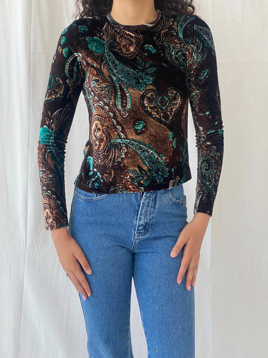 Vintage Y2K Plaka Paisley Print Velvet Full Sleeve Women’s Top - S - Balagan Vintage Full Sleeve Top 00s, Celine, full sleeve top, velvet, women top