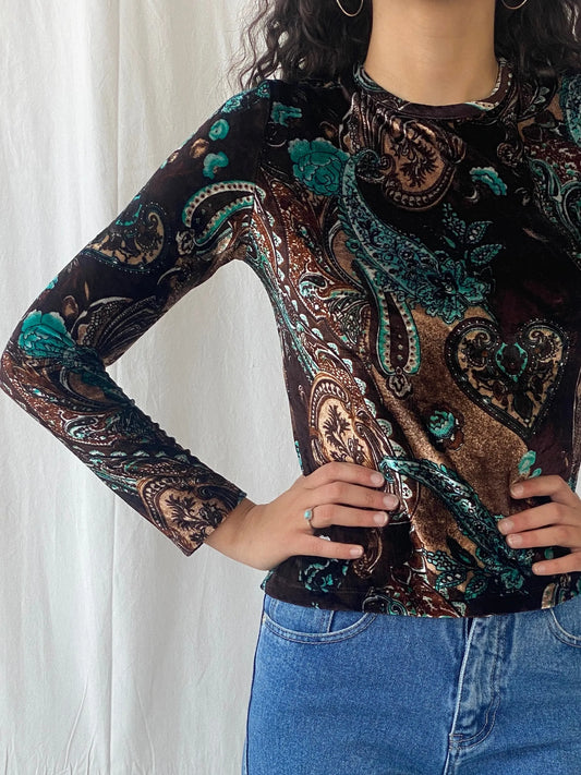 Vintage Y2K Plaka Paisley Print Velvet Full Sleeve Women’s Top - S - Balagan Vintage Full Sleeve Top 00s, Celine, full sleeve top, velvet, women top