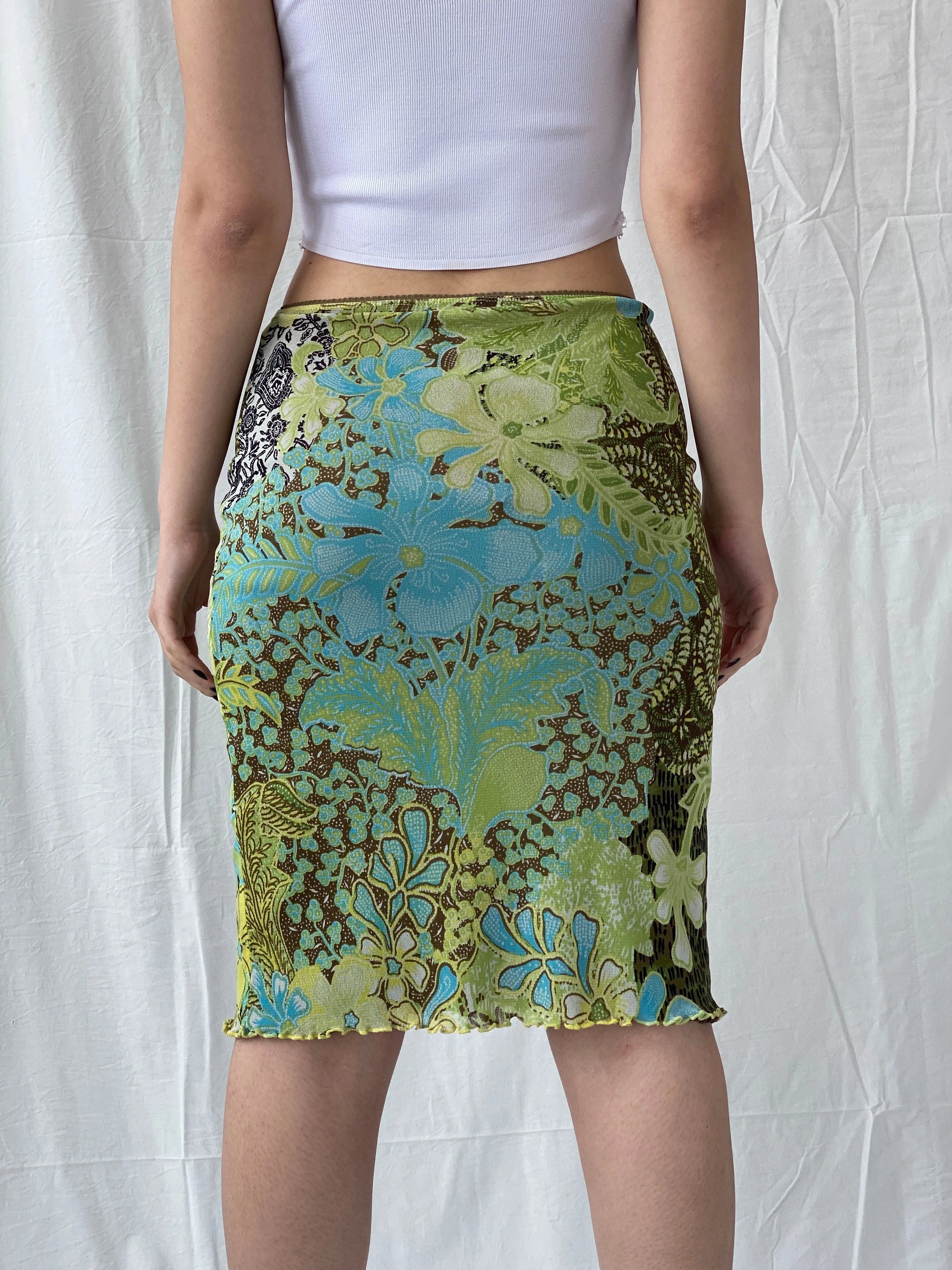 Vintage Y2K Public Paisley Floral Print Green Knee Length Skirt - M - Balagan Vintage Mini Skirt Ayah, floral, floral skirt, midi skirt, mini skirt, NEW IN, skirt