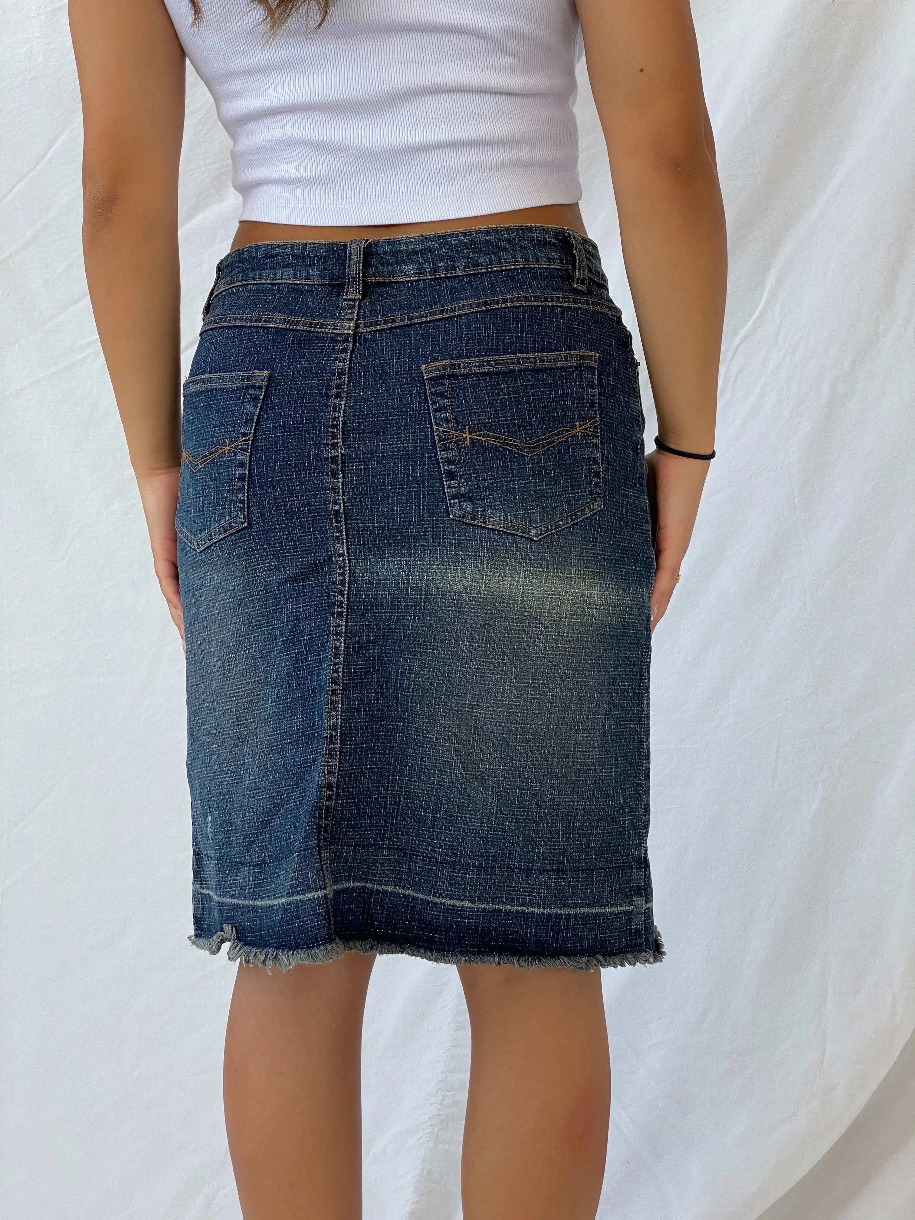 Vintage Y2K Route 66 Stretch Fit Midi Denim Skirt - M - Balagan Vintage Midi Skirt 00s, Deals, denim, denim skirt, Lana, midi skirt