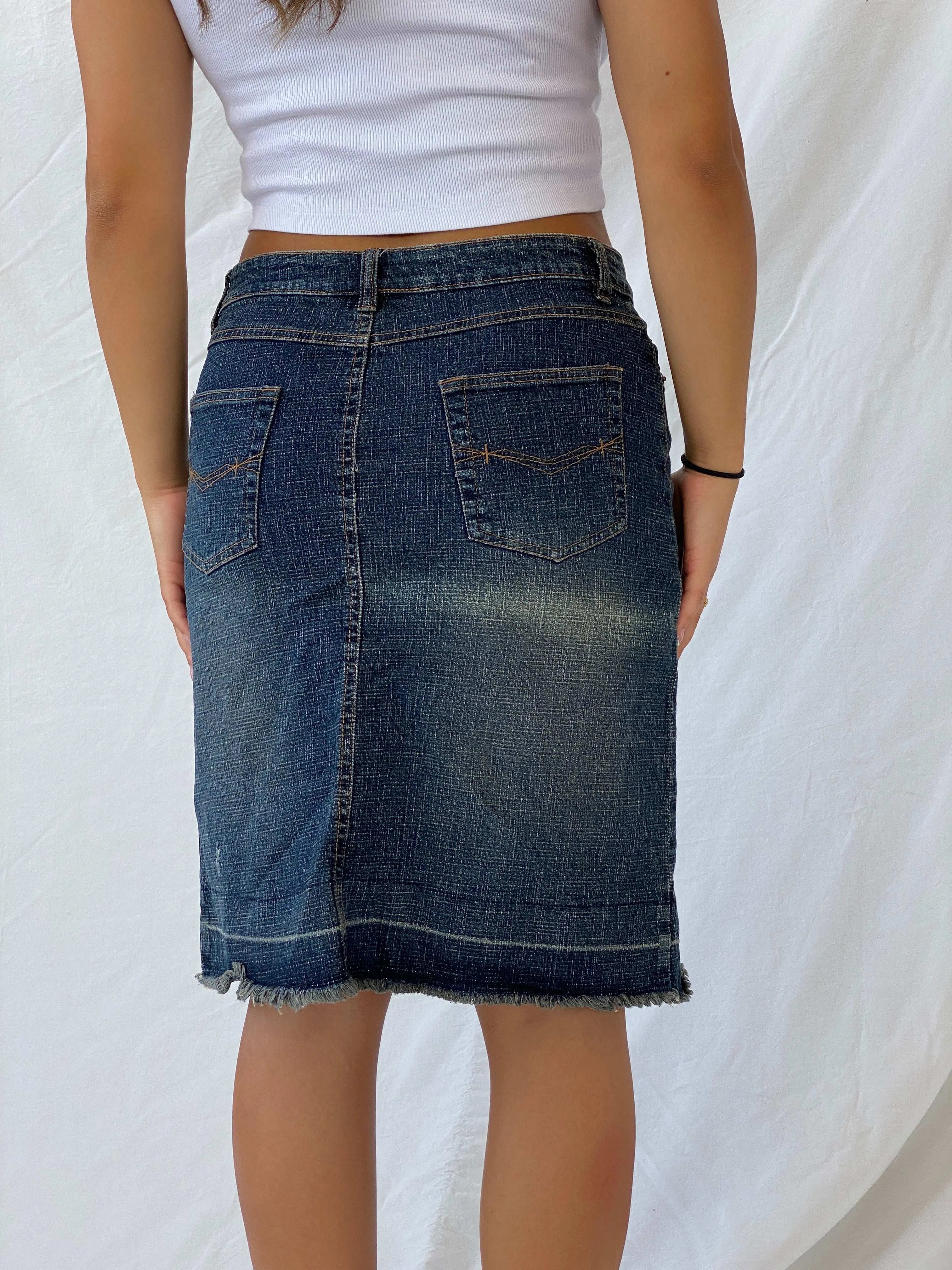 Vintage Y2K Route 66 Stretch Fit Midi Denim Skirt - M - Balagan Vintage Midi Skirt 00s, denim, denim skirt, Lana, midi skirt
