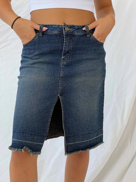 Vintage Y2K Route 66 Stretch Fit Midi Denim Skirt - M - Balagan Vintage Midi Skirt 00s, Deals, denim, denim skirt, Lana, midi skirt