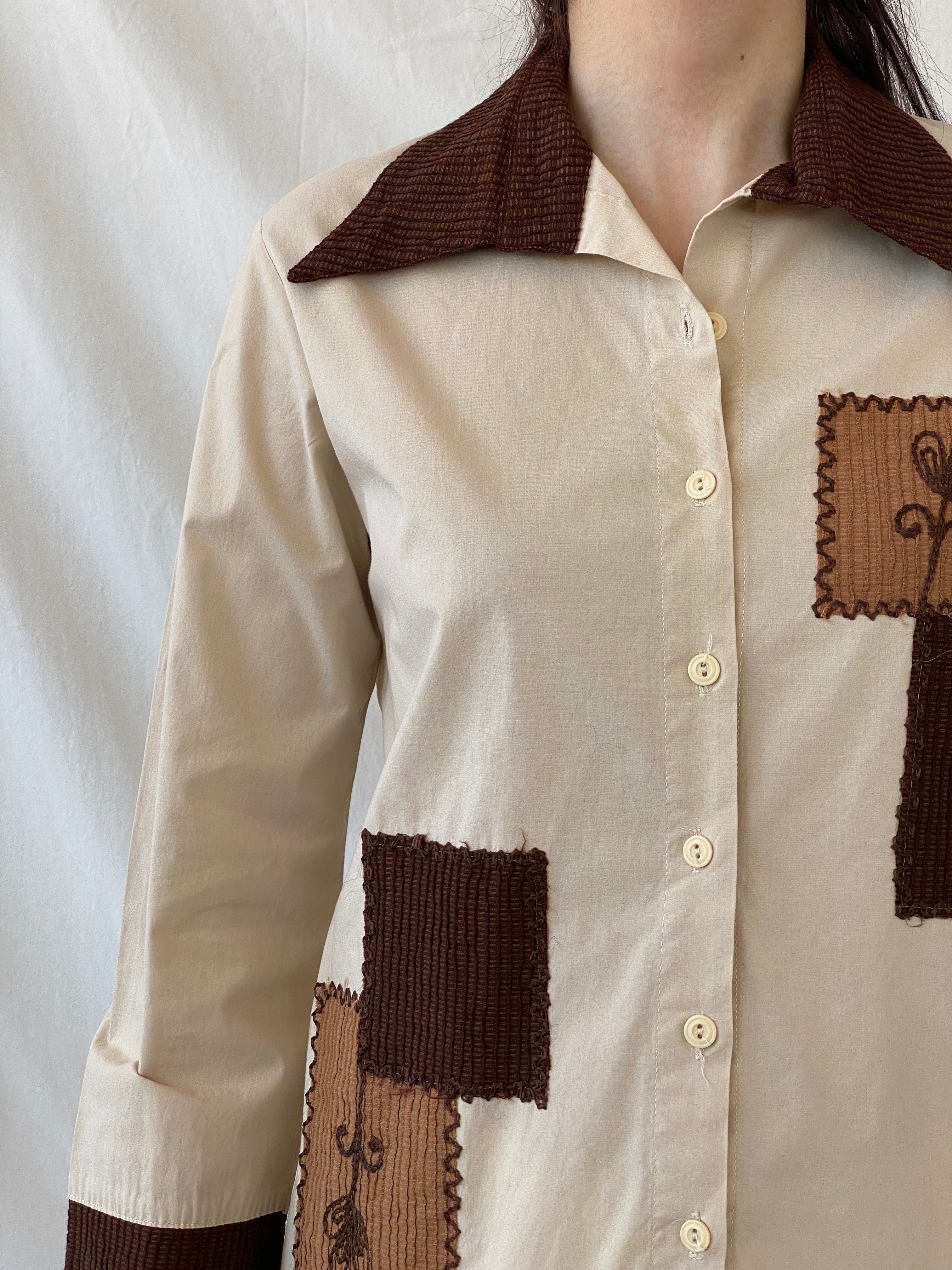 Vintage Y2K Sem Beige Patchwork Full Sleeve Button Up Shirt - L - Balagan Vintage Full Sleeve Shirt 00s, Ayah, full sleeve shirt, NEW IN, patchwork, summer
