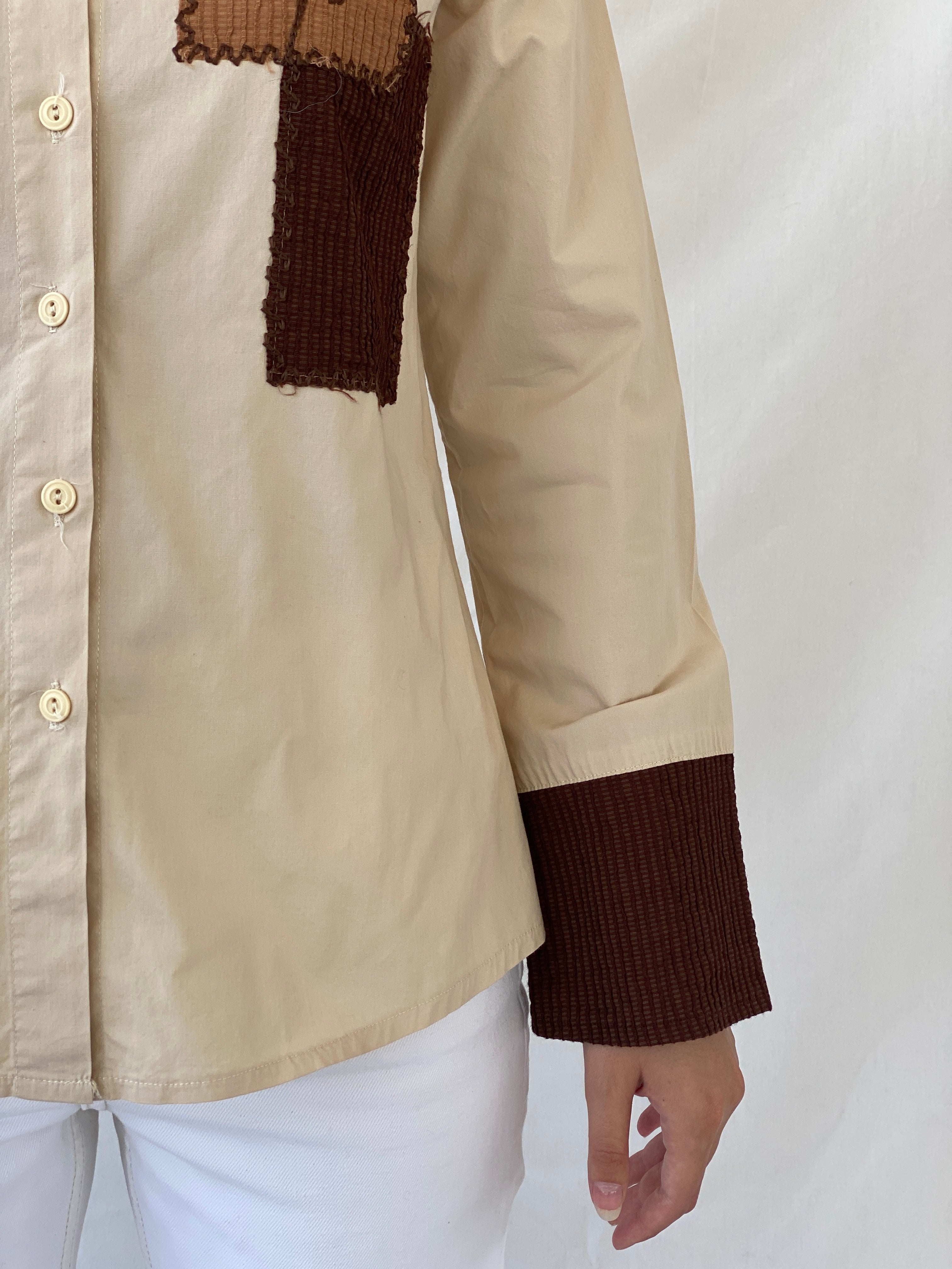 Vintage Y2K Sem Beige Patchwork Full Sleeve Button Up Shirt - L - Balagan Vintage Full Sleeve Shirt 00s, Ayah, full sleeve shirt, NEW IN, patchwork, summer