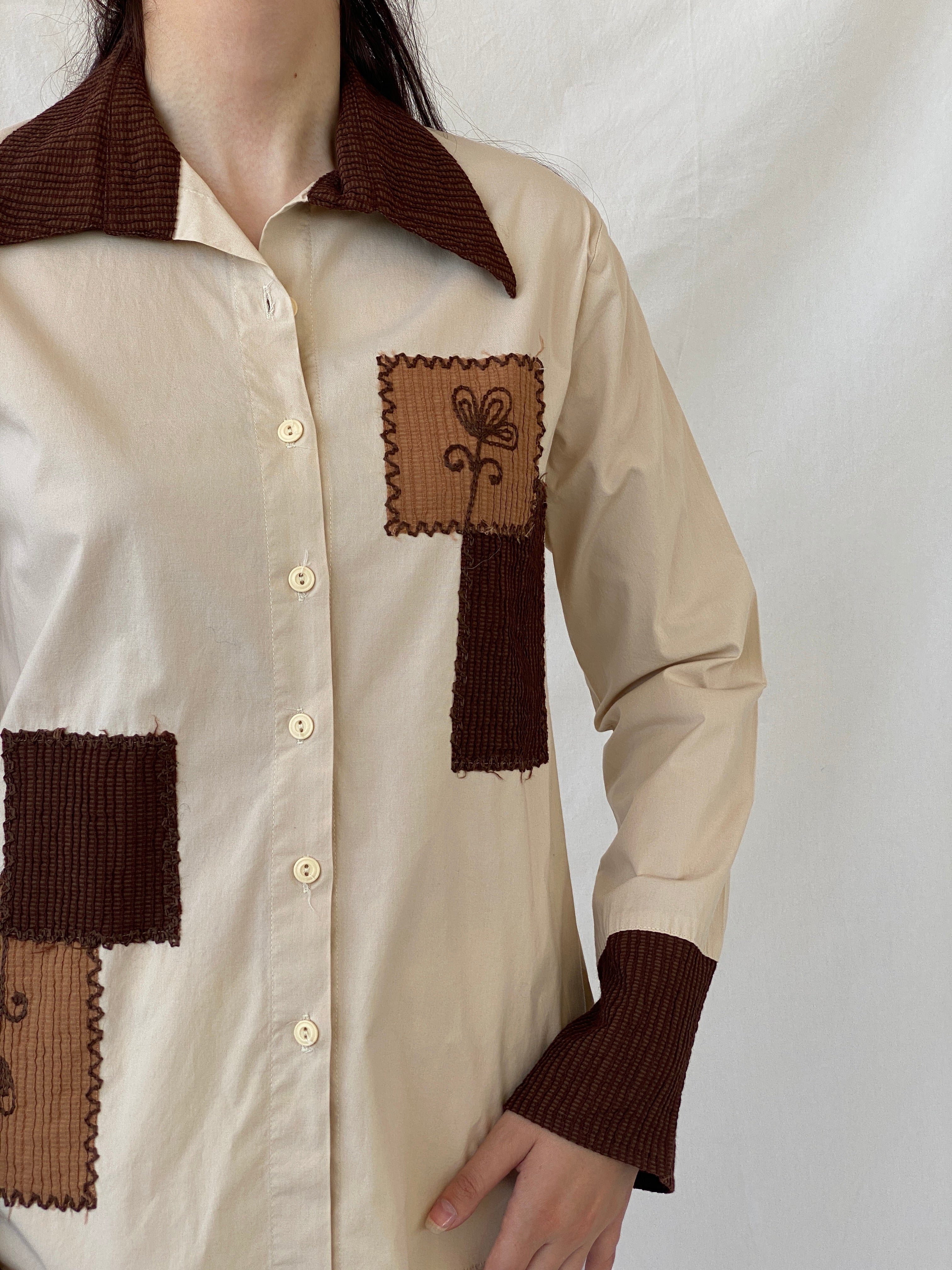 Vintage Y2K Sem Beige Patchwork Full Sleeve Button Up Shirt - L - Balagan Vintage Full Sleeve Shirt 00s, Ayah, full sleeve shirt, NEW IN, patchwork, summer