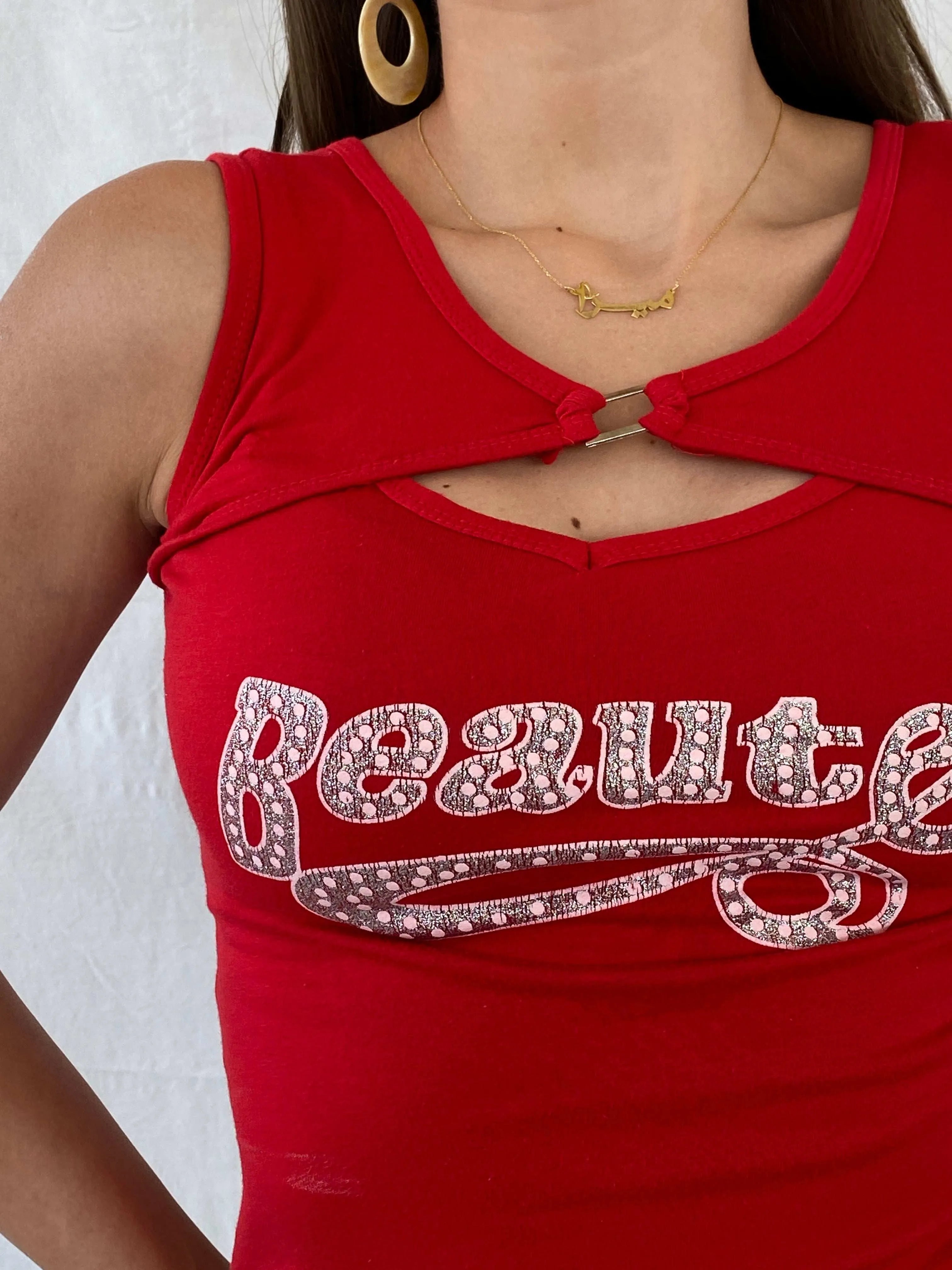 Vintage Y2K Sleeveless Cutout Red Top - S - Balagan Vintage Sleeveless Top 00s, Mira, shimmer, sleeveless top, women top