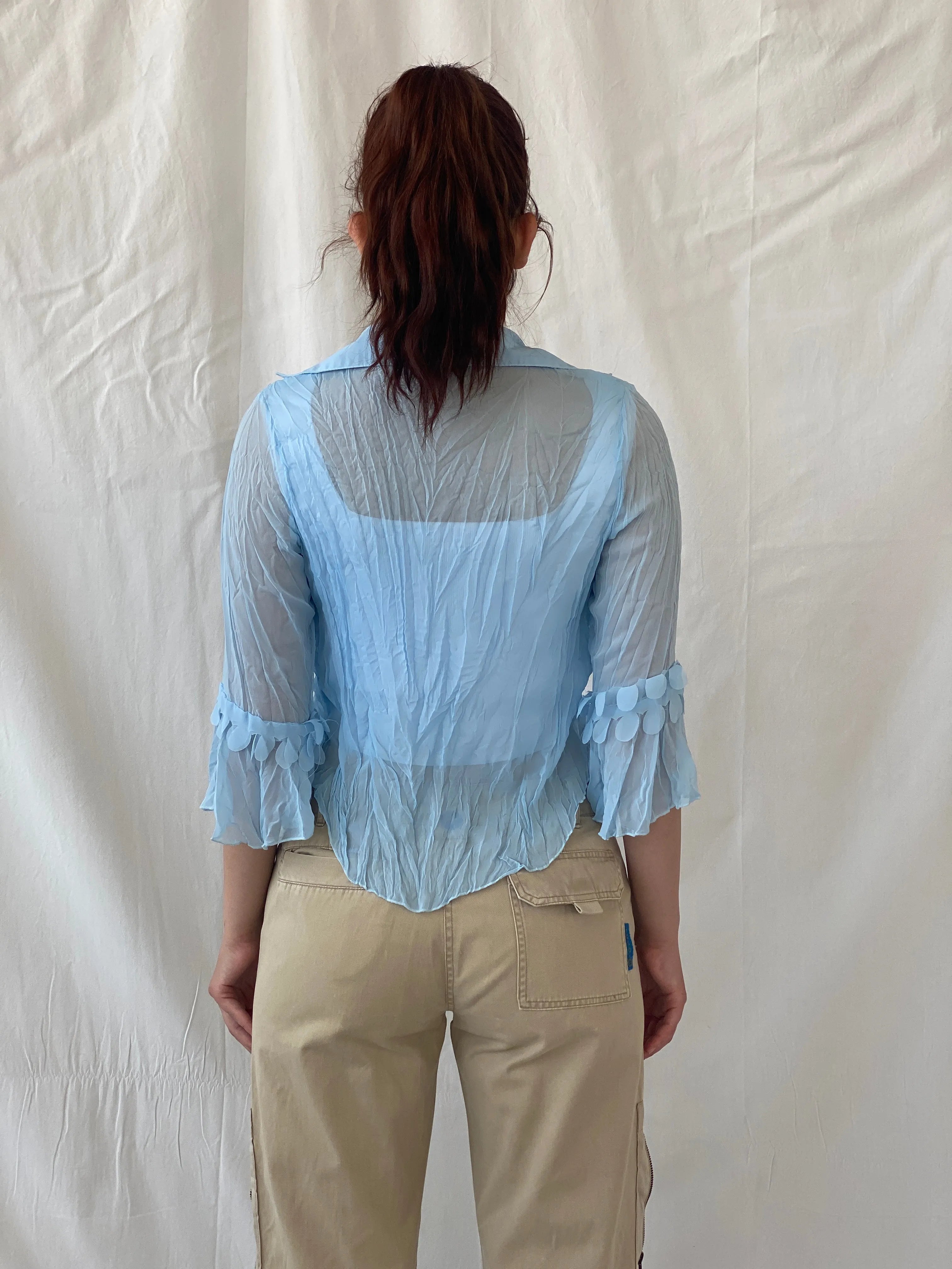 Vintage Y2K Smart Women Blue Ruffled Sheer Romantic Cardigan Shirt - M - Balagan Vintage Full Sleeve Shirt 00s, Ayah, summer, women top
