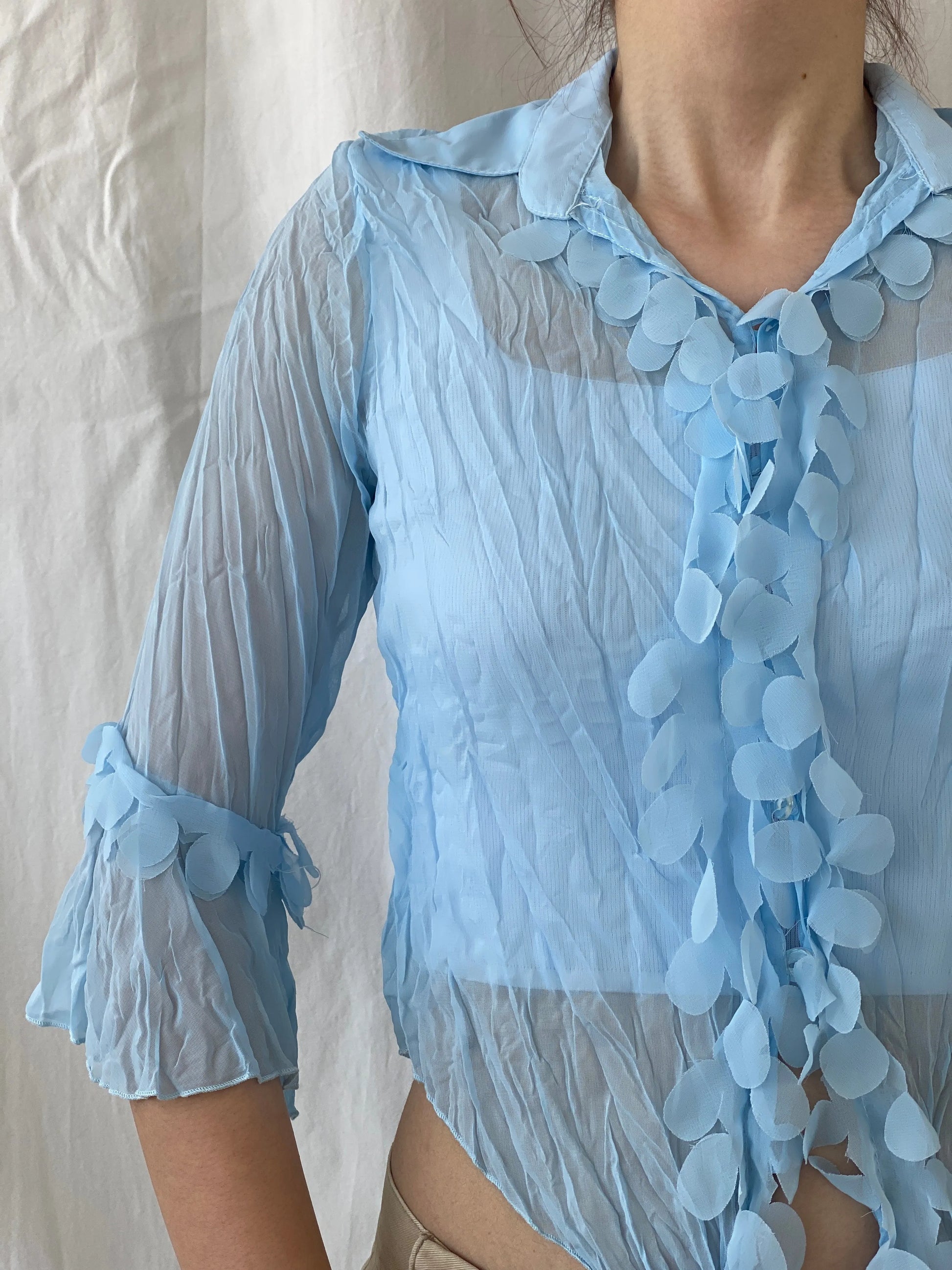 Vintage Y2K Smart Women Blue Ruffled Sheer Romantic Cardigan Shirt - M - Balagan Vintage Full Sleeve Shirt 00s, Ayah, summer, women top