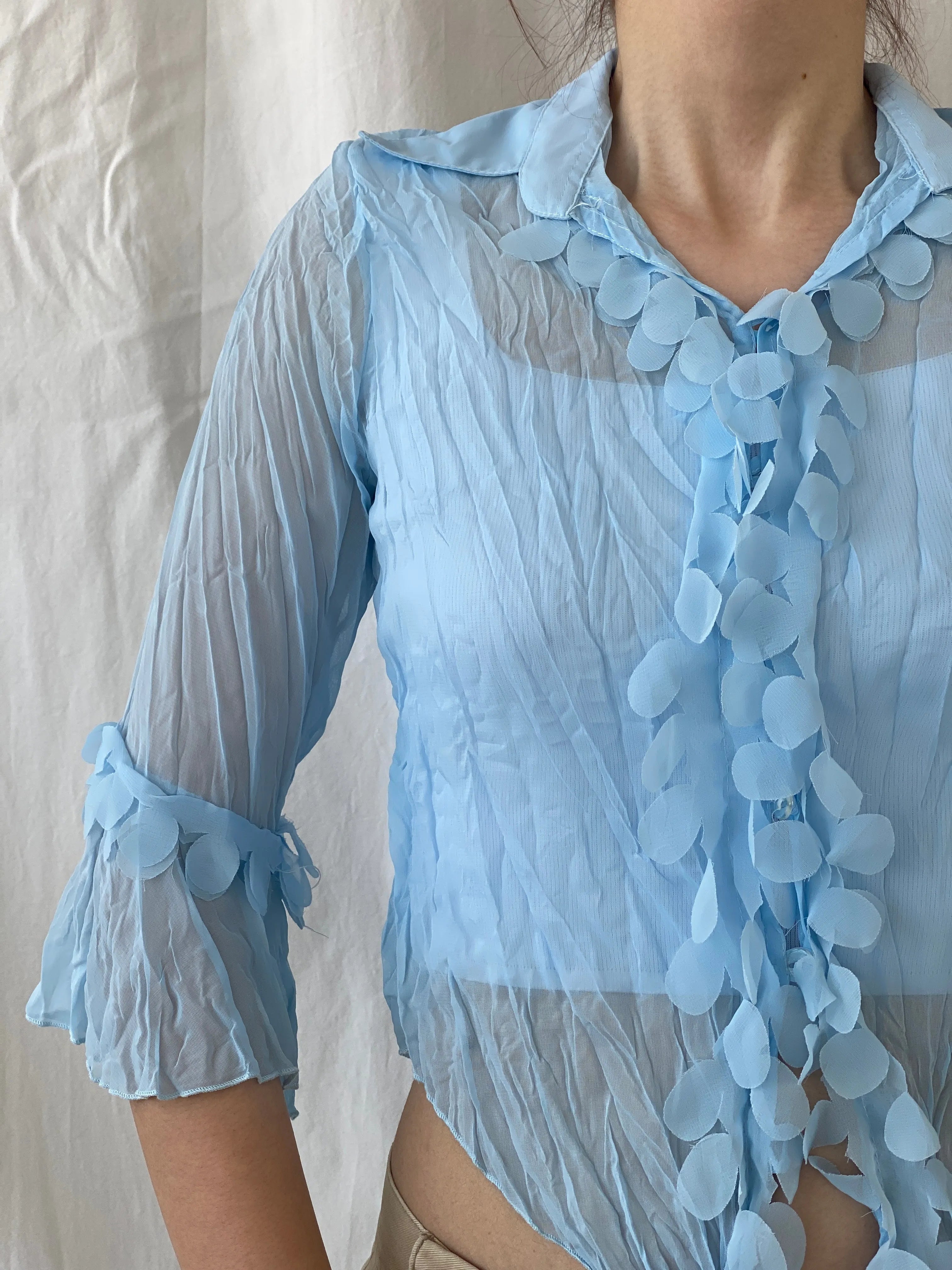 Vintage Y2K Smart Women Blue Ruffled Sheer Romantic Cardigan Shirt - M - Balagan Vintage Full Sleeve Shirt 00s, Ayah, summer, women top