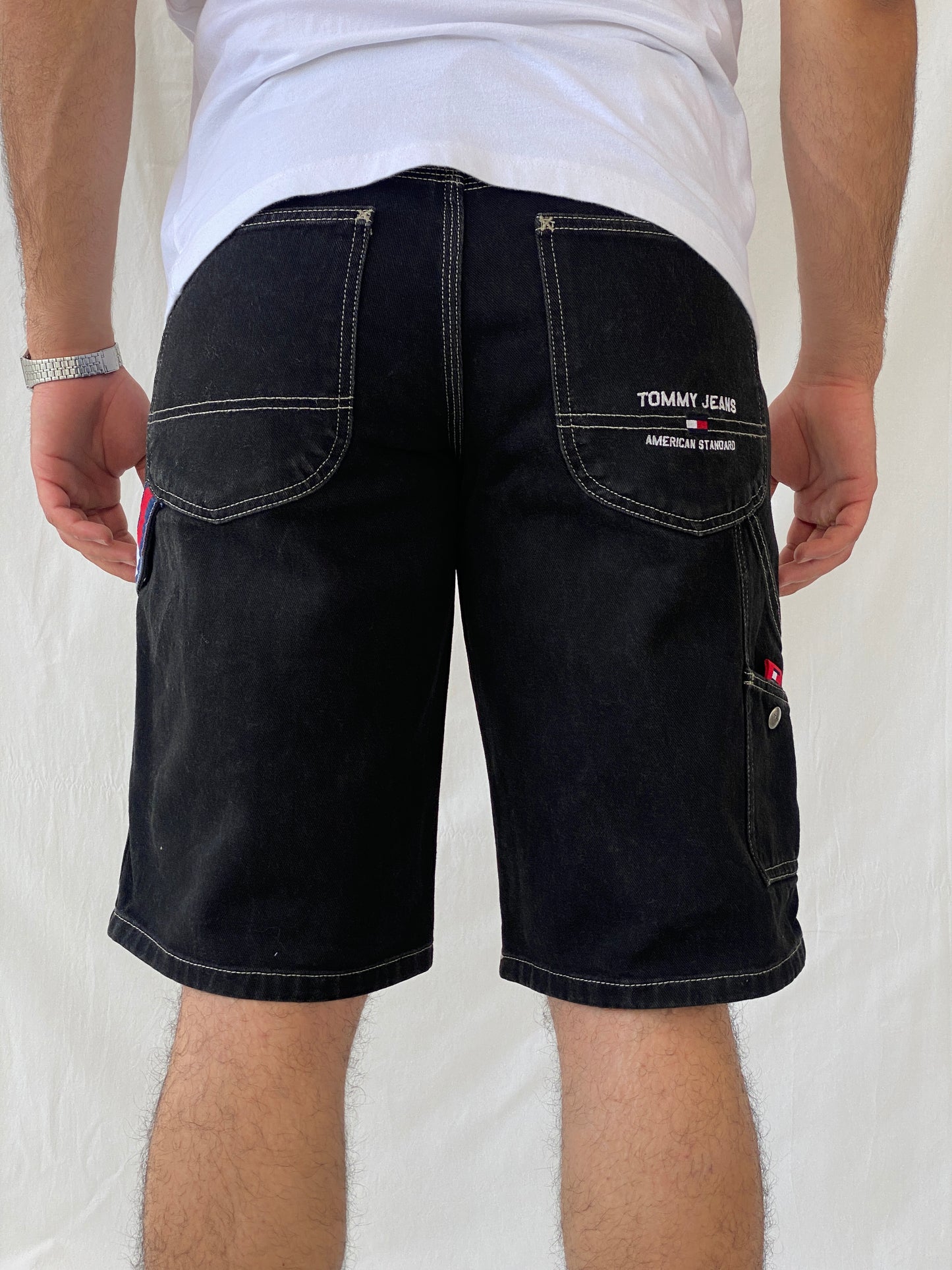 Vintage Y2K Tommy Jeans Hilfiger Black Carpenter Denim Shorts 2003 Baggy Hip Hop Jorts - Balagan Vintage Shorts 00s, 90s, denim, HipHop, hiphop jeans, jeans, Ramez, shorts