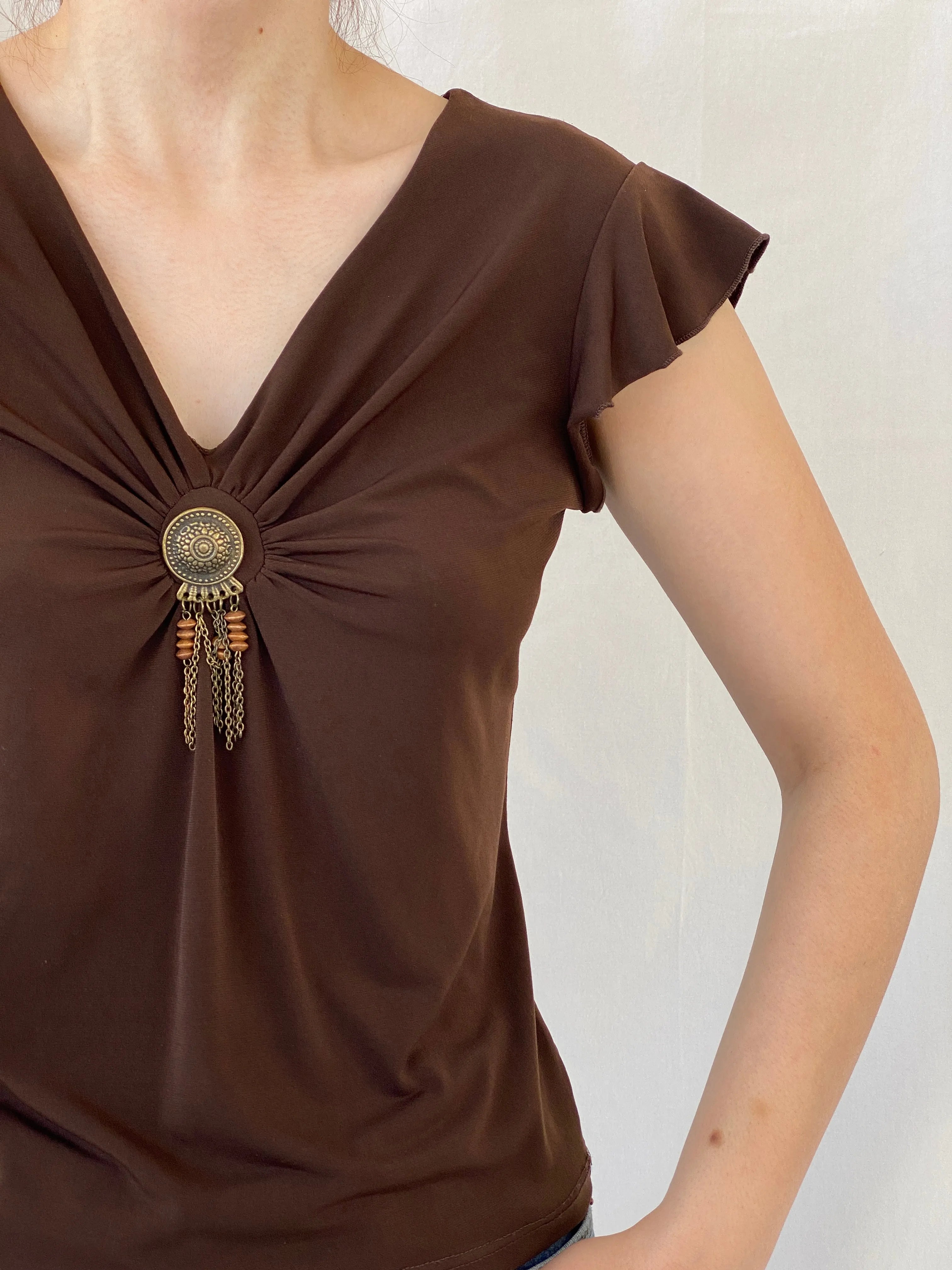 Vintage Y2K Versailles Brown Half Sleeve V-Neck Women’s Top - S - Balagan Vintage Half Sleeve Top 00s, Ayah, summer, women top, Y2K