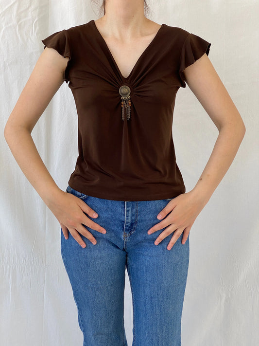 Vintage Y2K Versailles Brown Half Sleeve V-Neck Women’s Top - S - Balagan Vintage Half Sleeve Top 00s, Ayah, summer, women top, Y2K