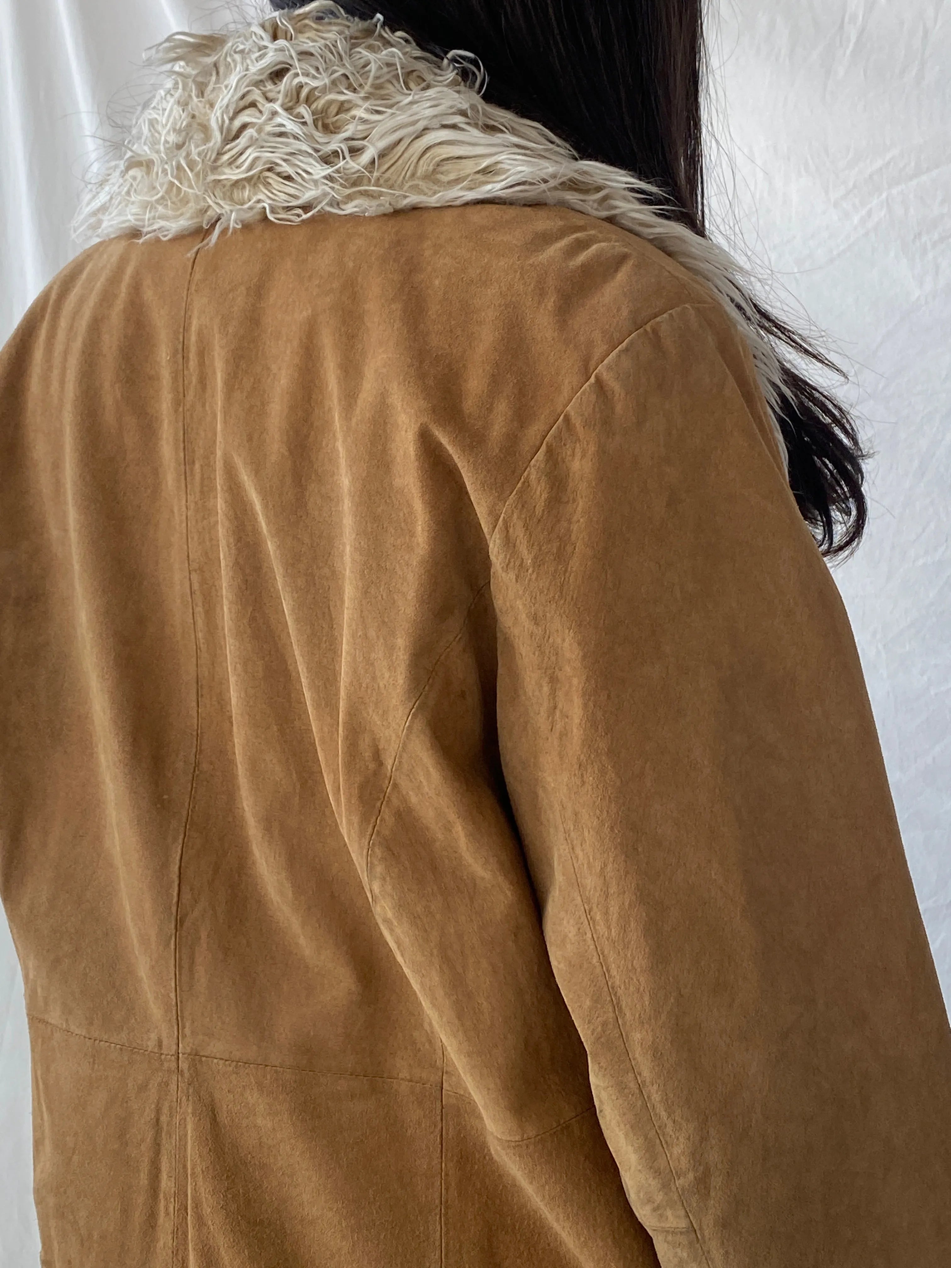 Vintage Y2K Xhilaration Genuine Suede Penny Lane Afghan Style Fur-Lined Floral Embroidered Coat - XL - Balagan Vintage Leather Coat 90s, brown leather, genuine leather, genuine leather jacket, NEW IN, Syntia, winter