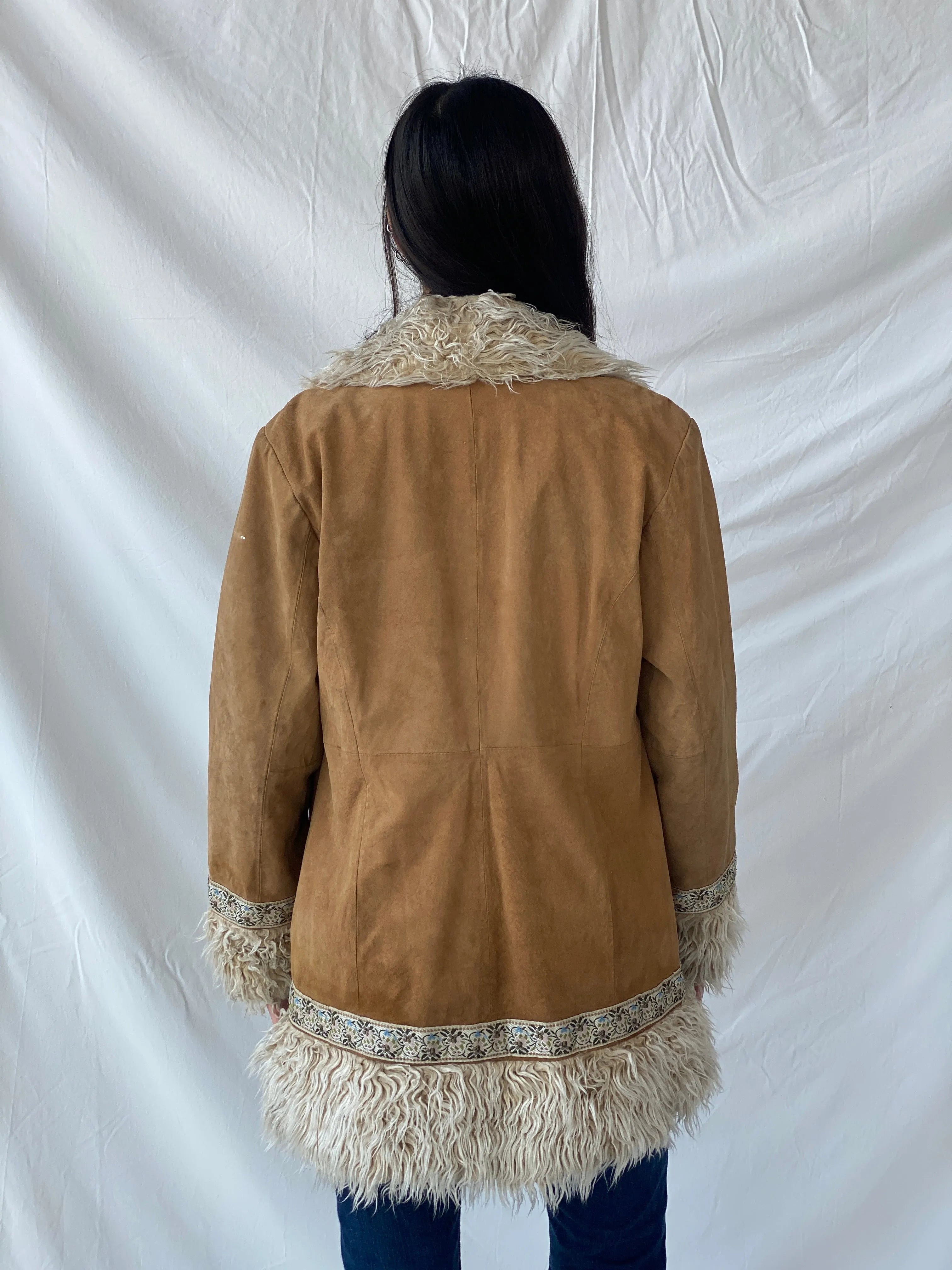 Vintage Y2K Xhilaration Genuine Suede Penny Lane Afghan Style Fur-Lined Floral Embroidered Coat - XL - Balagan Vintage Leather Coat 90s, brown leather, genuine leather, genuine leather jacket, NEW IN, Syntia, winter