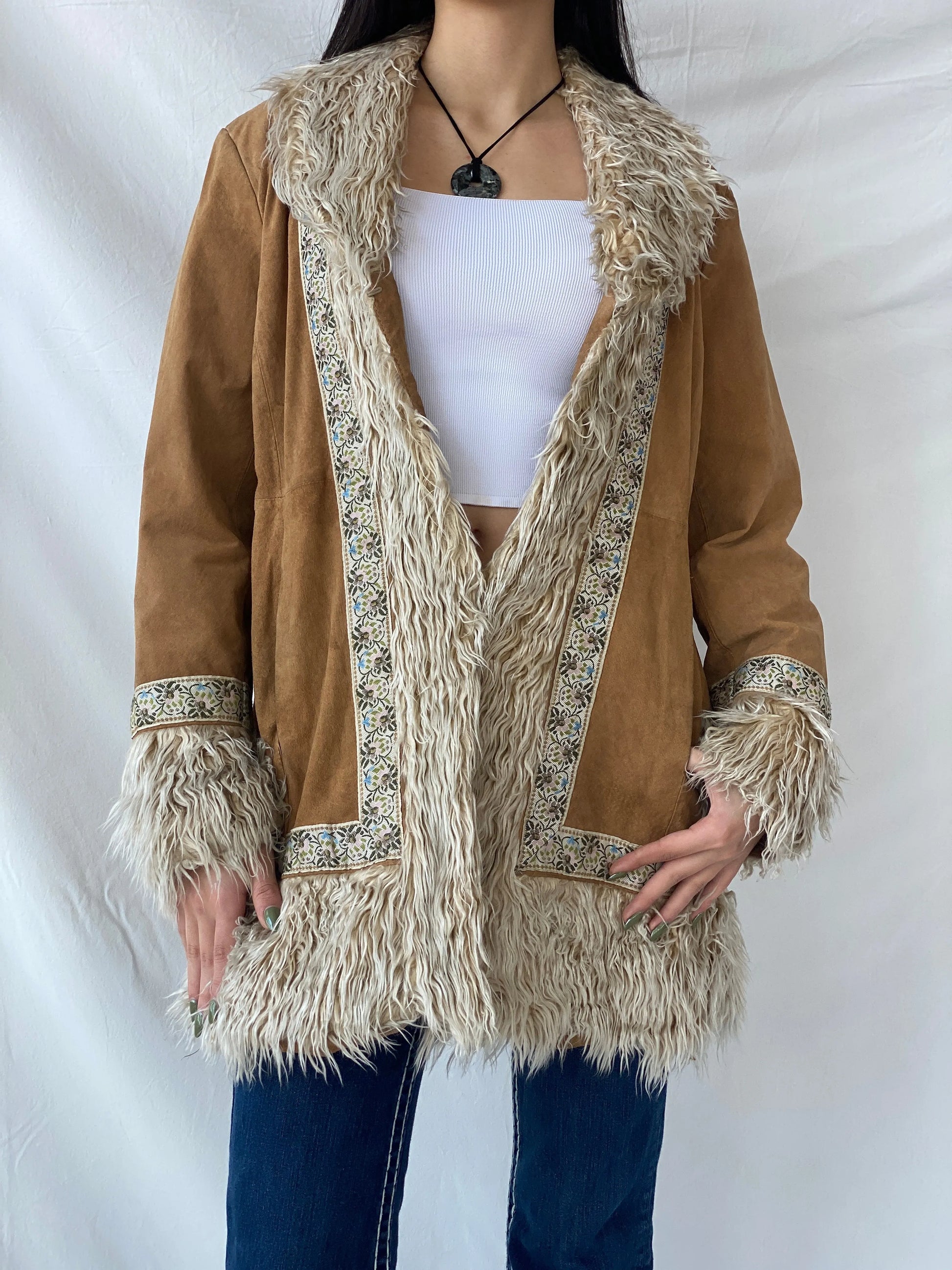 Vintage Y2K Xhilaration Genuine Suede Penny Lane Afghan Style Fur-Lined Floral Embroidered Coat - XL - Balagan Vintage Leather Coat 90s, brown leather, Coats&Jackets, genuine leather, genuine leather jacket, Syntia, winter, Women's Coats, Women's Leather Jackets