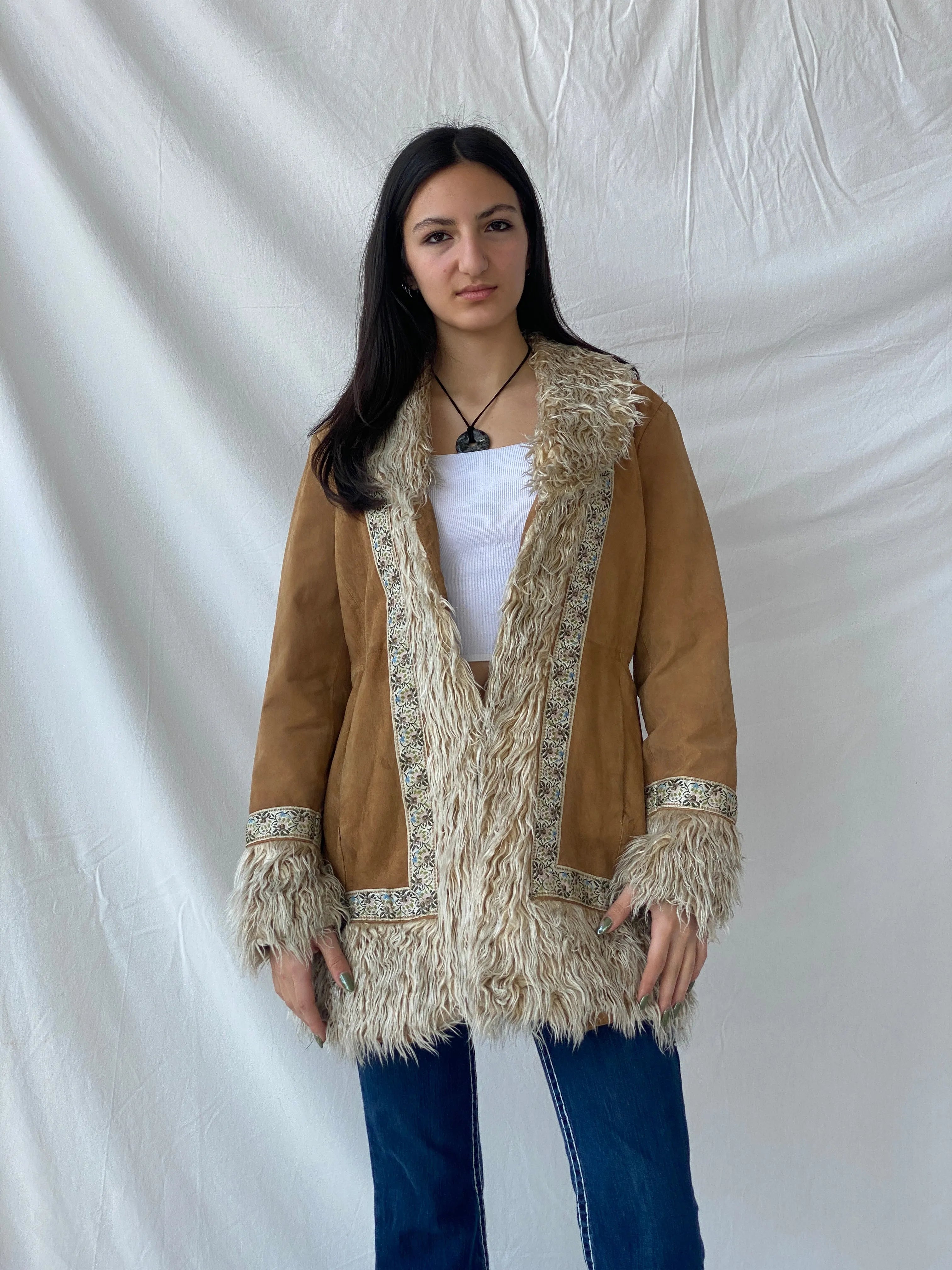 Vintage Y2K Xhilaration Genuine Suede Penny Lane Afghan Style Fur-Lined Floral Embroidered Coat - XL - Balagan Vintage Leather Coat 90s, brown leather, genuine leather, genuine leather jacket, NEW IN, Syntia, winter