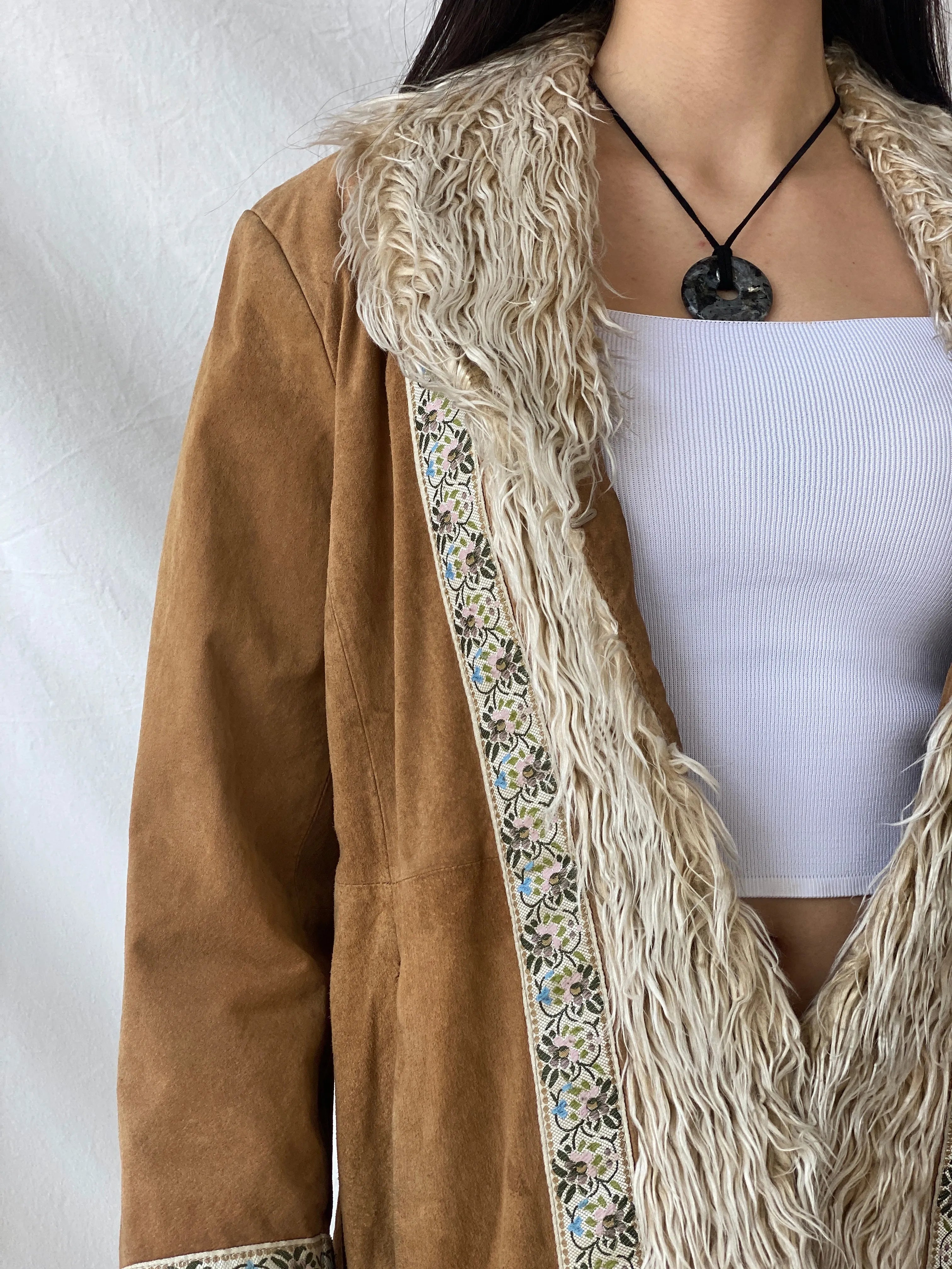 Vintage Y2K Xhilaration Genuine Suede Penny Lane Afghan Style Fur-Lined Floral Embroidered Coat - XL - Balagan Vintage Leather Coat 90s, brown leather, genuine leather, genuine leather jacket, NEW IN, Syntia, winter