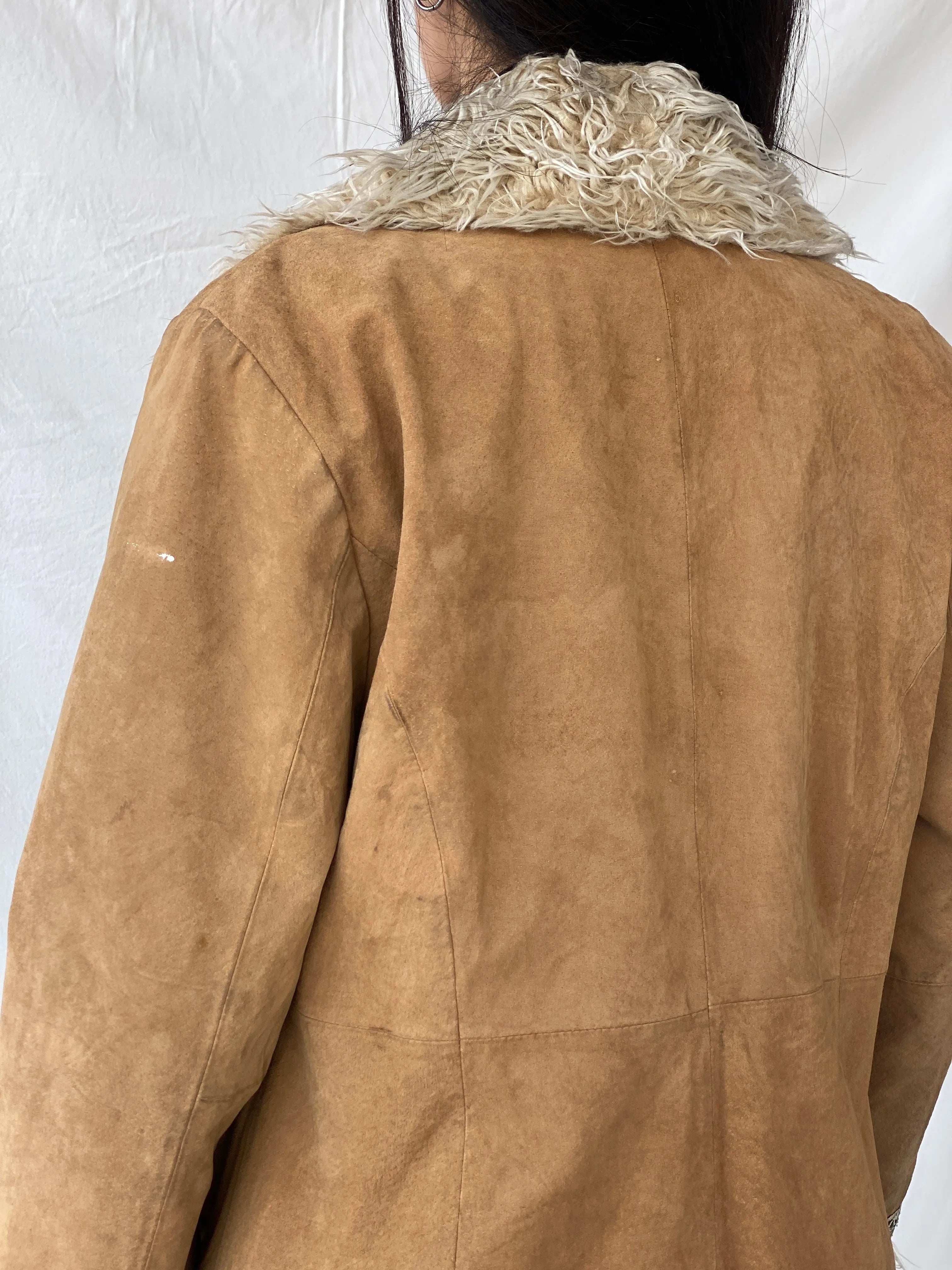 Vintage Y2K Xhilaration Genuine Suede Penny Lane Afghan Style Fur-Lined Floral Embroidered Coat - XL - Balagan Vintage Leather Coat 90s, brown leather, genuine leather, genuine leather jacket, NEW IN, Syntia, winter