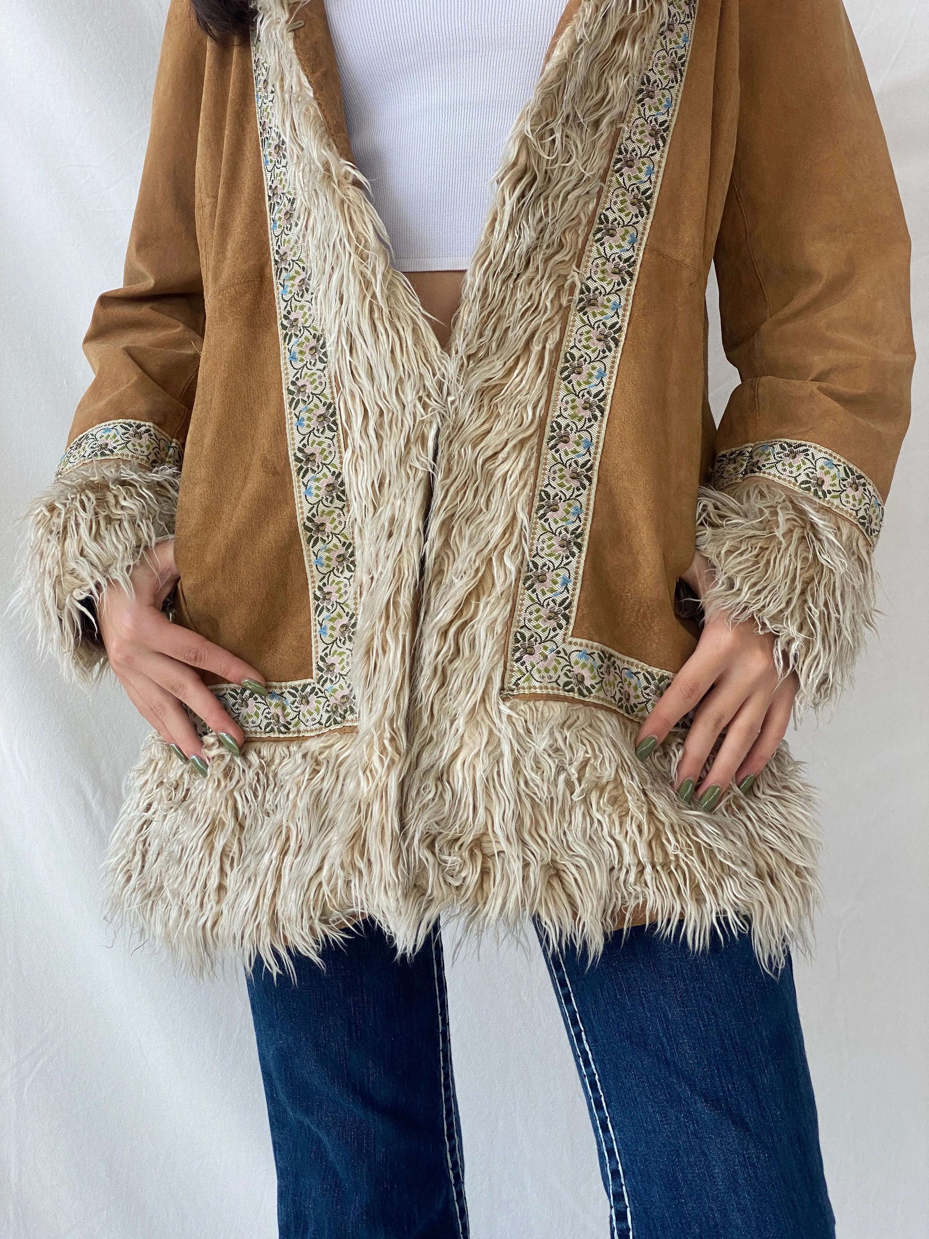 Vintage Y2K Xhilaration Genuine Suede Penny Lane Afghan Style Fur-Lined Floral Embroidered Coat - XL - Balagan Vintage Leather Coat 90s, brown leather, genuine leather, genuine leather jacket, NEW IN, Syntia, winter