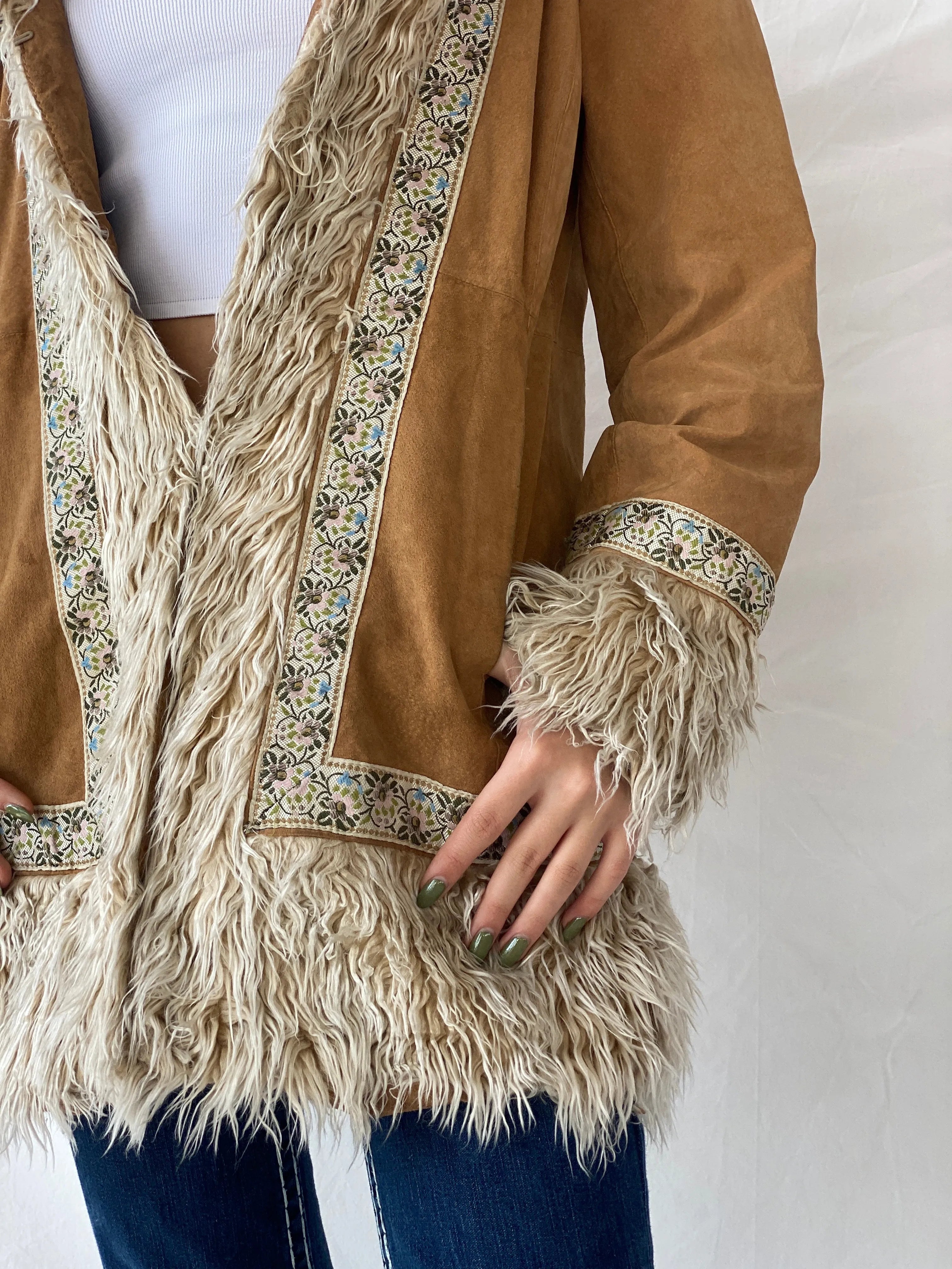 Vintage Y2K Xhilaration Genuine Suede Penny Lane Afghan Style Fur-Lined Floral Embroidered Coat - XL - Balagan Vintage Leather Coat 90s, brown leather, genuine leather, genuine leather jacket, NEW IN, Syntia, winter