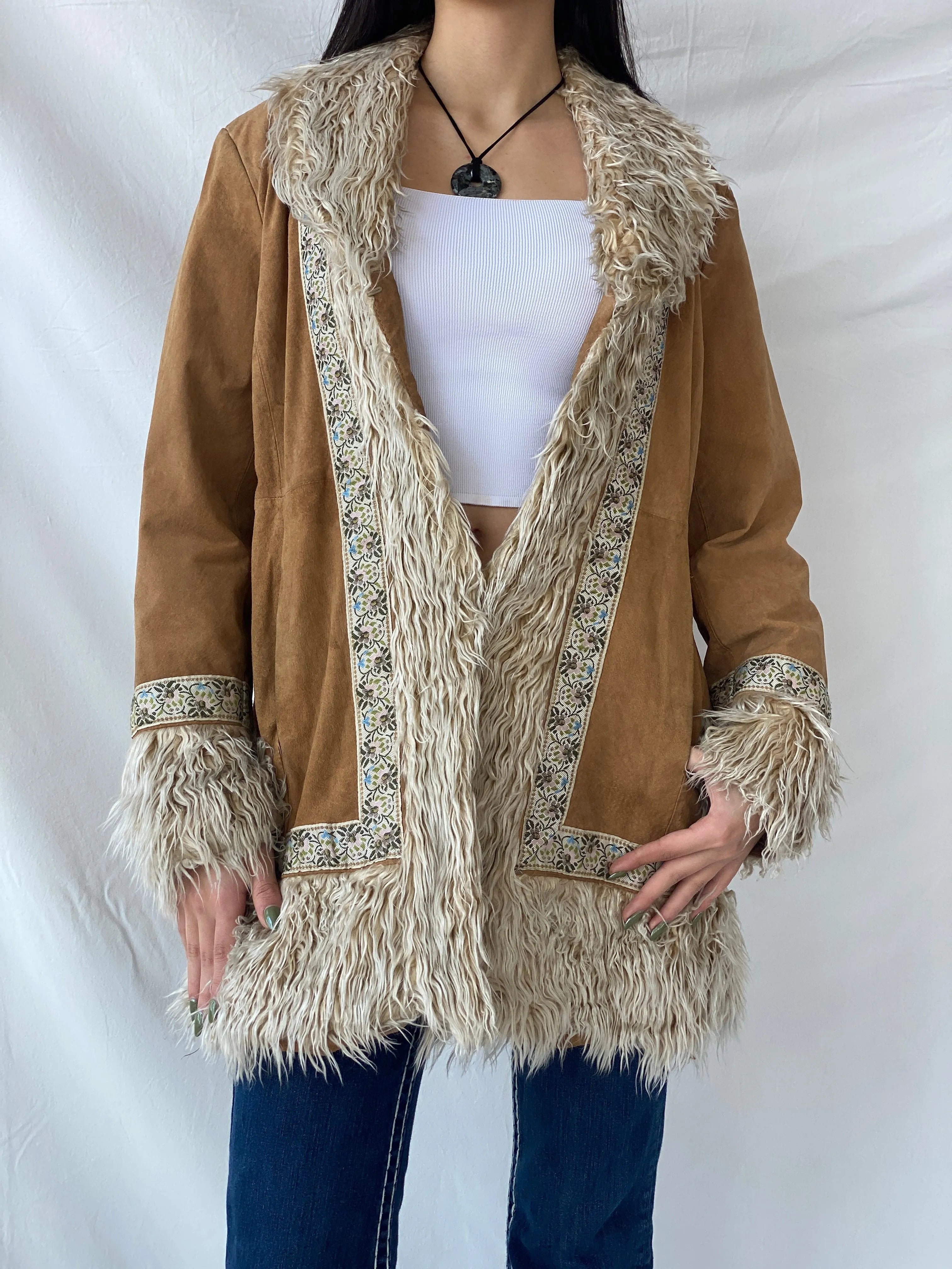 Vintage Y2K Xhilaration Genuine Suede Penny Lane Afghan Style Fur-Lined Floral Embroidered Coat - XL - Balagan Vintage Leather Coat 90s, brown leather, genuine leather, genuine leather jacket, NEW IN, Syntia, winter