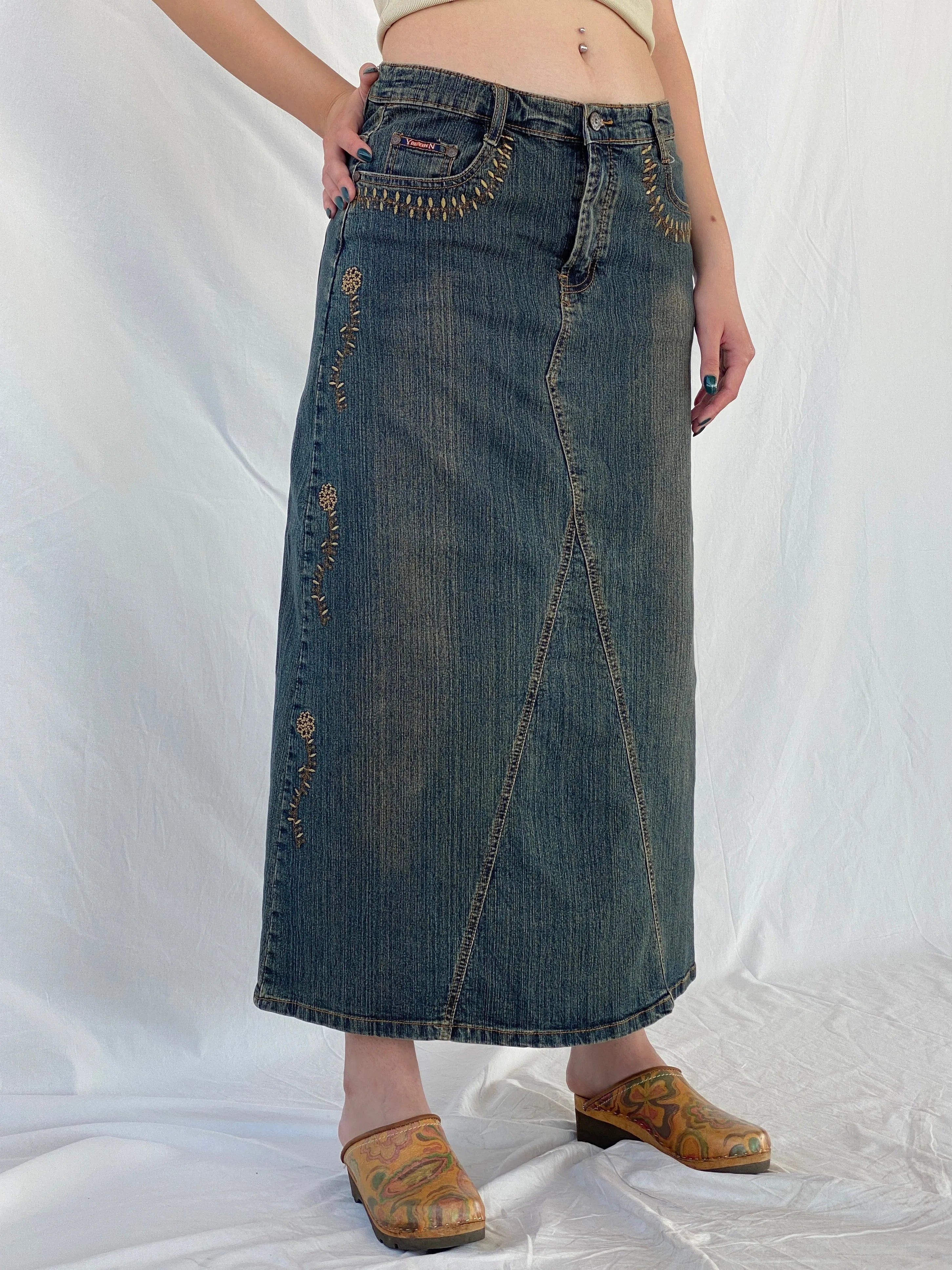 Vintage Y2K Youyipin Jeans Maxi A-line Embroidered Denim Skirt - 42EUR - Balagan Vintage Denim Skirt 00s, Ayah, denim, maxi denim skirt, mini skirt, winter
