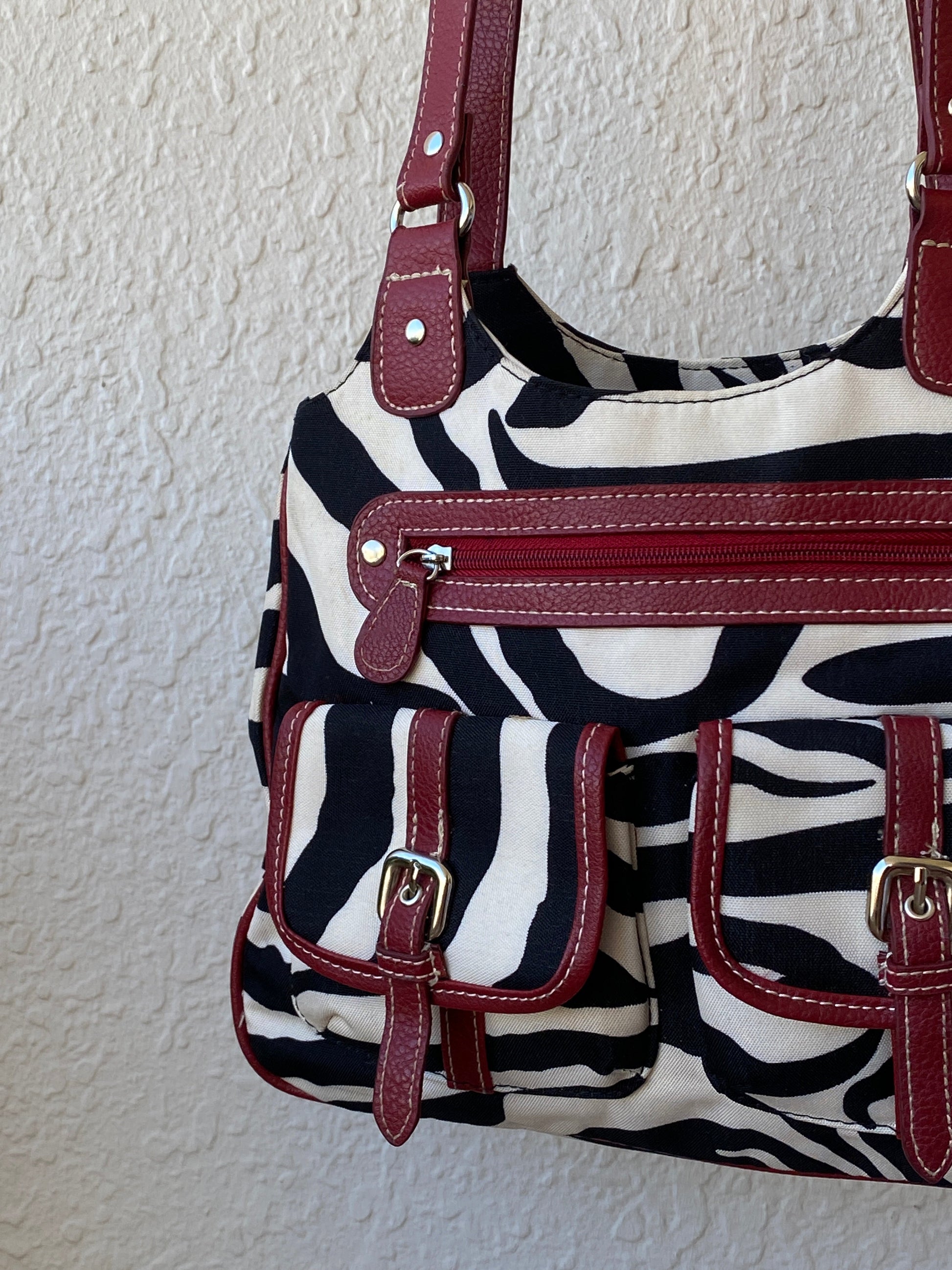 Vintage Y2K Zebra Print Black White Shoulder Bag Canvas with Faux Leather Red Detailing Purse - Balagan Vintage Shoulder Bag 00s, 90s, bag, shoulder bag, Y2K, zebra, zebra print