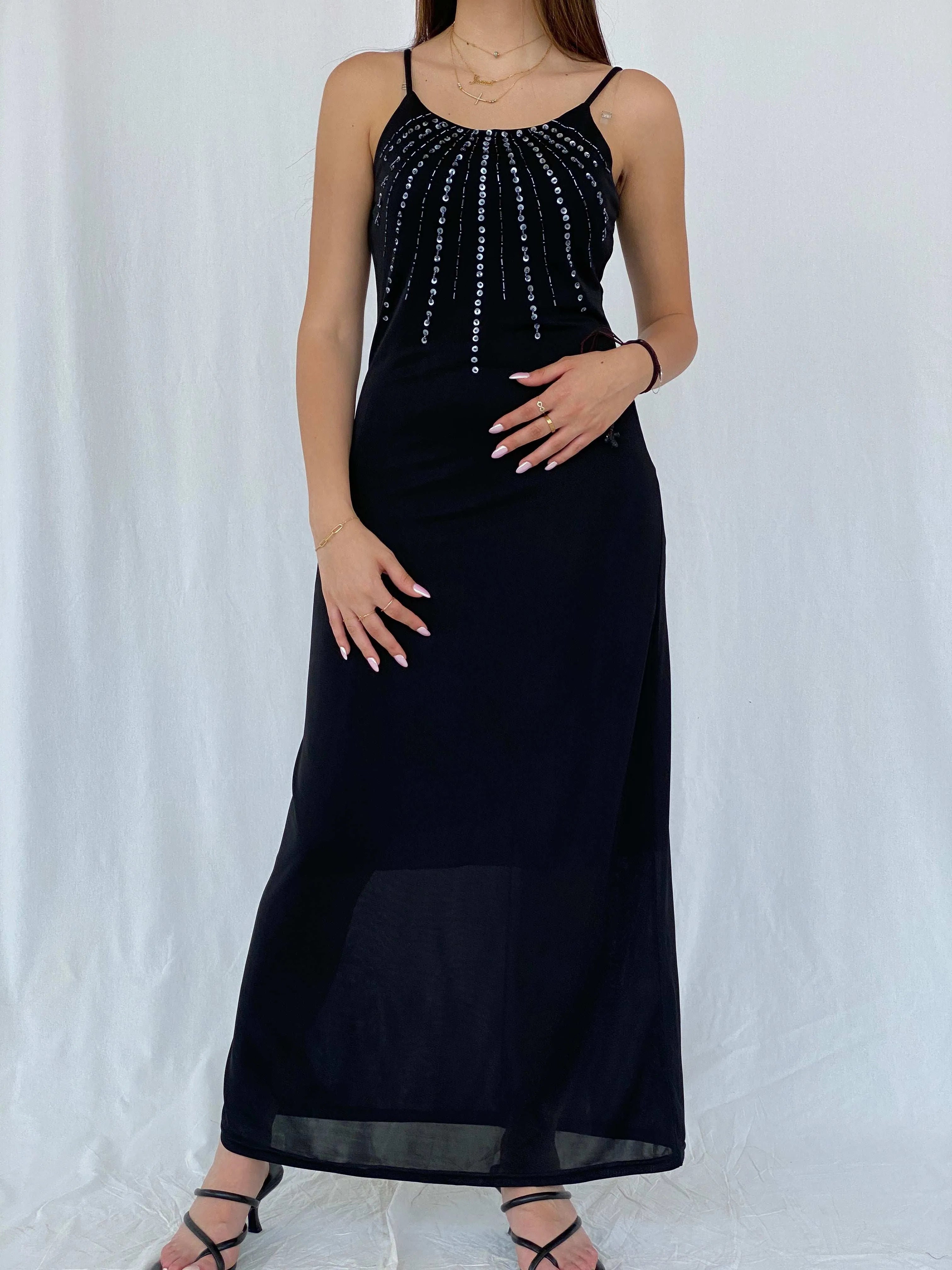 Vintage Yihao Black Maxi Dress With Sequin Details - Size M - Balagan Vintage Maxi Dress 90s, black dress, Deals, dress, formal dress, Juana, maxi dress, Wedding Guest