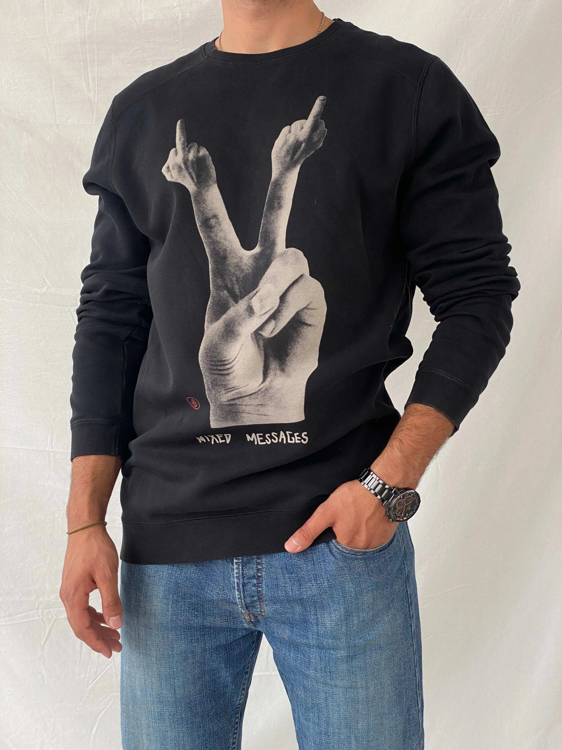 Volcom Mixed Messages Graphic Men’s Black Sweater - XL - Balagan Vintage Sweater 80s, 90s, oversized sweater, printed sweater, Ramez, vintage sweater, winter