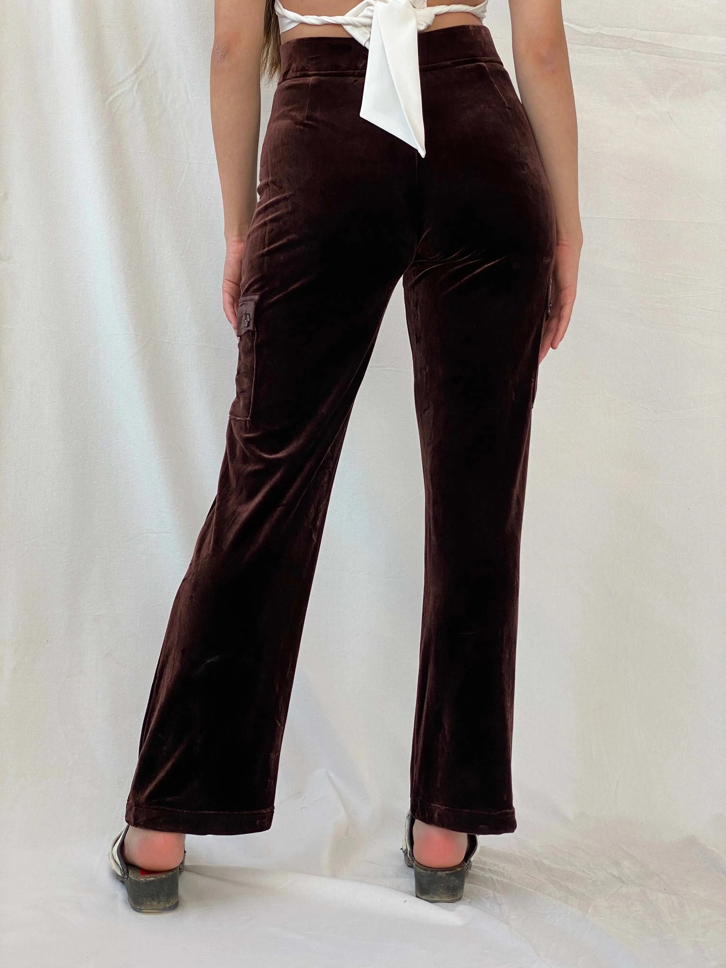 Willi Smith Silky Brown Velvet Cargo Pockets Straight Legged Pants - S - Balagan Vintage Pants Mira, pants, velvet, women pants
