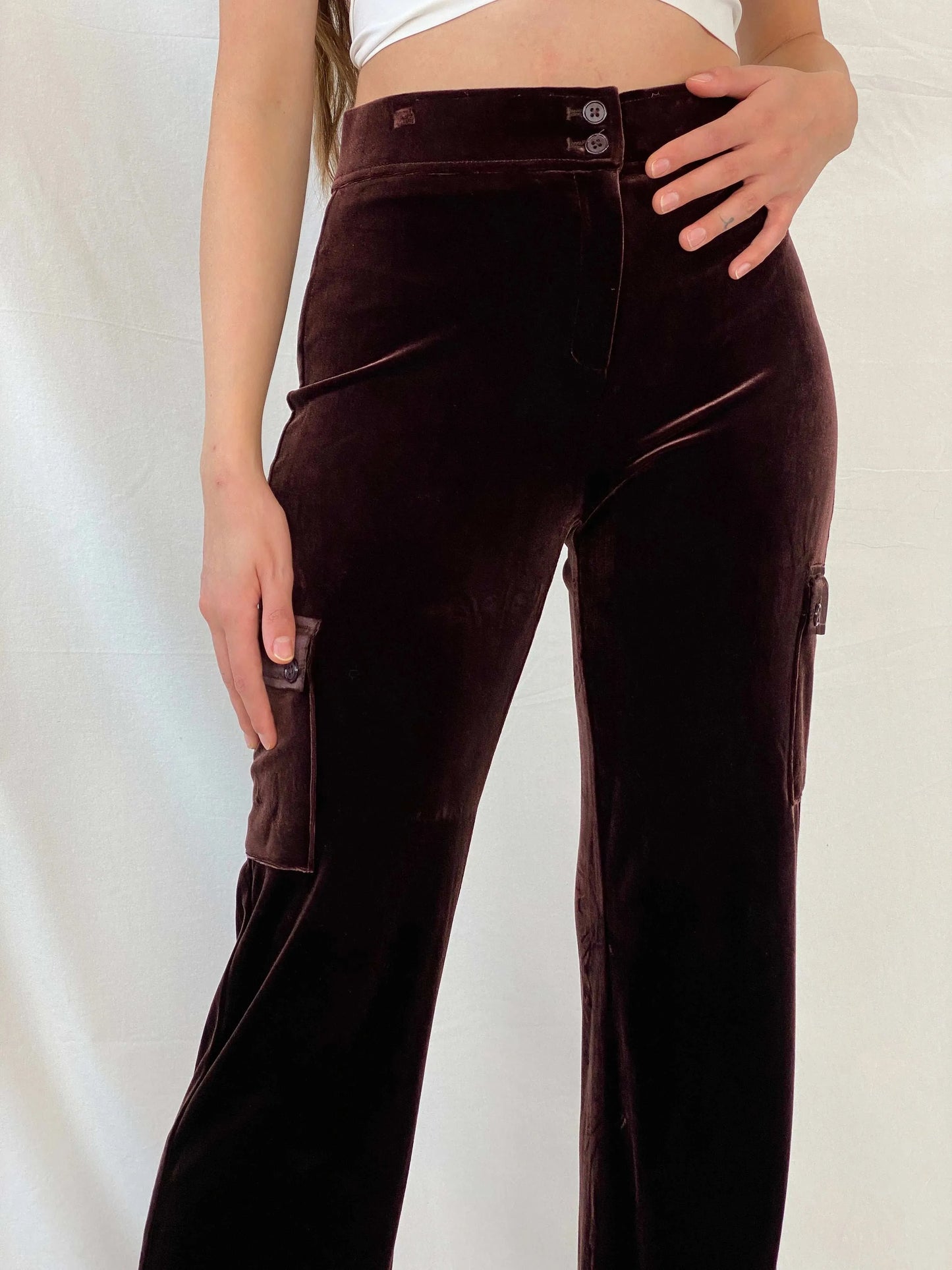 Willi Smith Silky Brown Velvet Cargo Pockets Straight Legged Pants - S - Balagan Vintage Pants Mira, pants, velvet, women pants