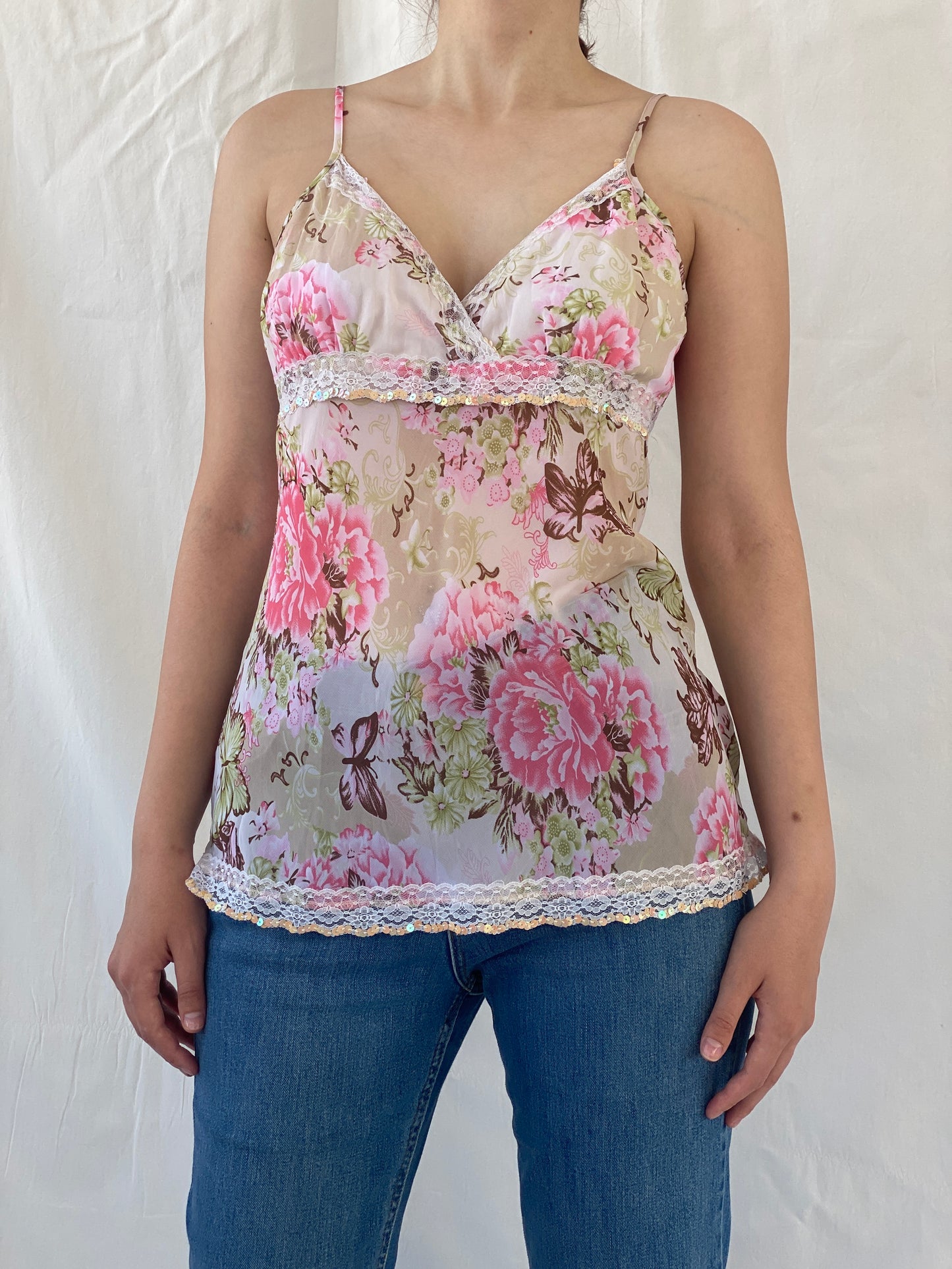 Y2K Amisu Floral Sequined Cami Top With Lace Detailing - M - Balagan Vintage Cami 00s, Ayah, Cami, summer, women top