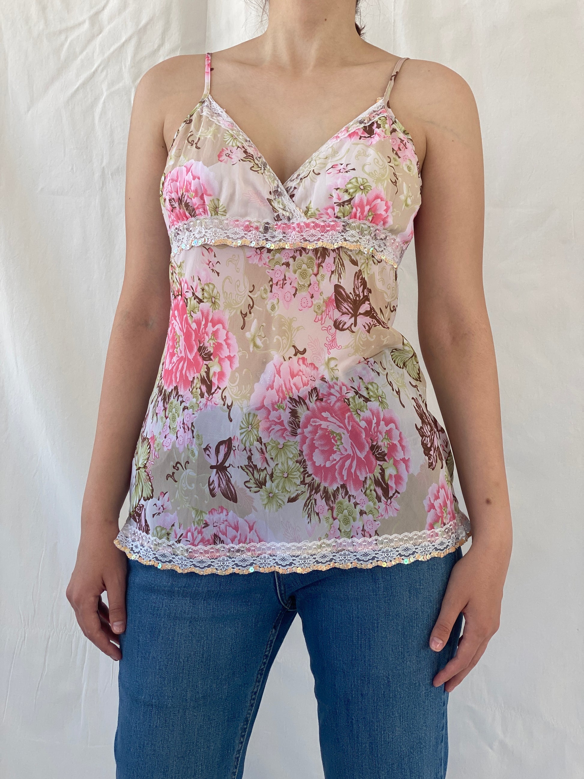 Y2K Amisu Floral Sequined Cami Top With Lace Detailing - M - Balagan Vintage Cami 00s, Ayah, Cami, summer, women top