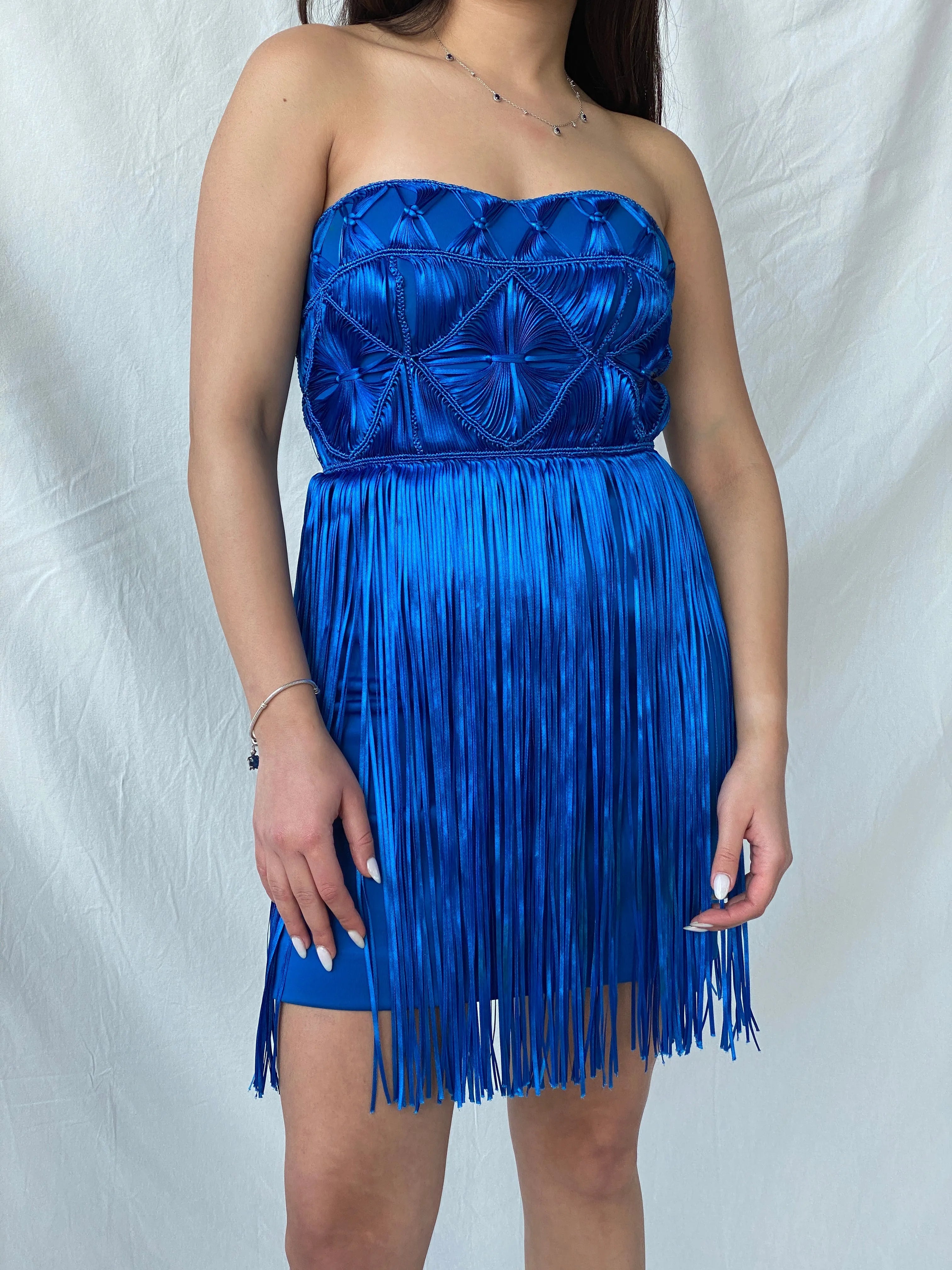 Y2K Bebe Royal Blue Fringe Strapless Mini Tube Dress - XS - Balagan Vintage Mini Dress 00s, 00s dress, consignment, Fatima, Janan, Mini Dress, Wedding Guest, winter