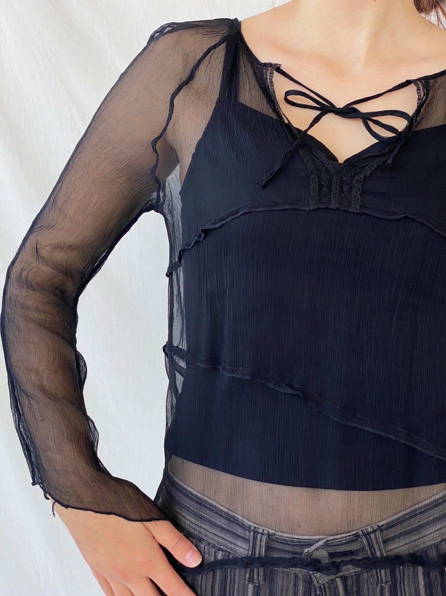 Y2K Black Chiffon Tie Front Full Sleeve Blouse - M - Balagan Vintage Full Sleeve Top 00s, 90s, Ayah, sheer, winter, women top