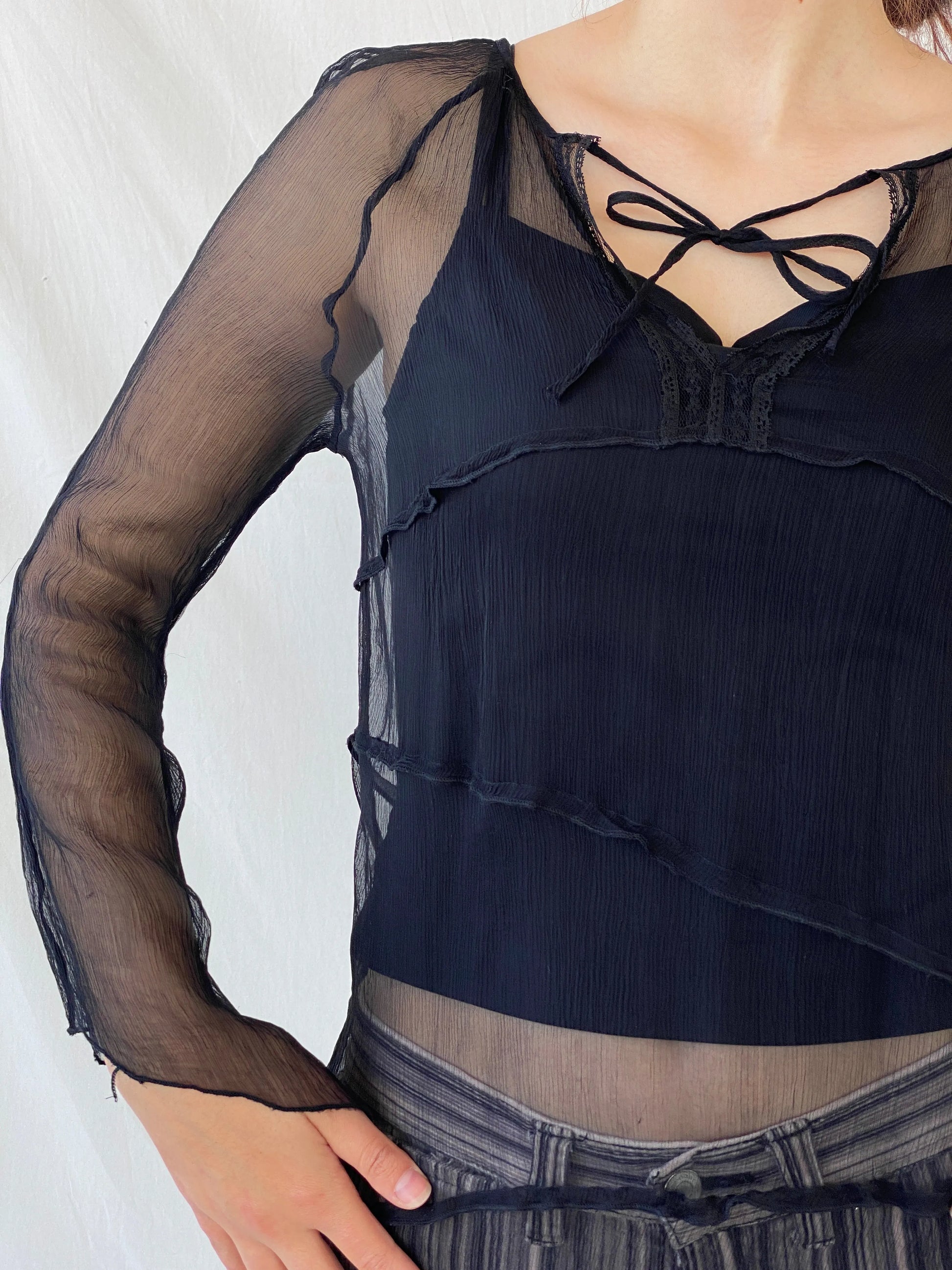 Y2K Black Chiffon Tie Front Full Sleeve Blouse - M - Balagan Vintage Full Sleeve Top 00s, 90s, Ayah, sheer, winter, women top