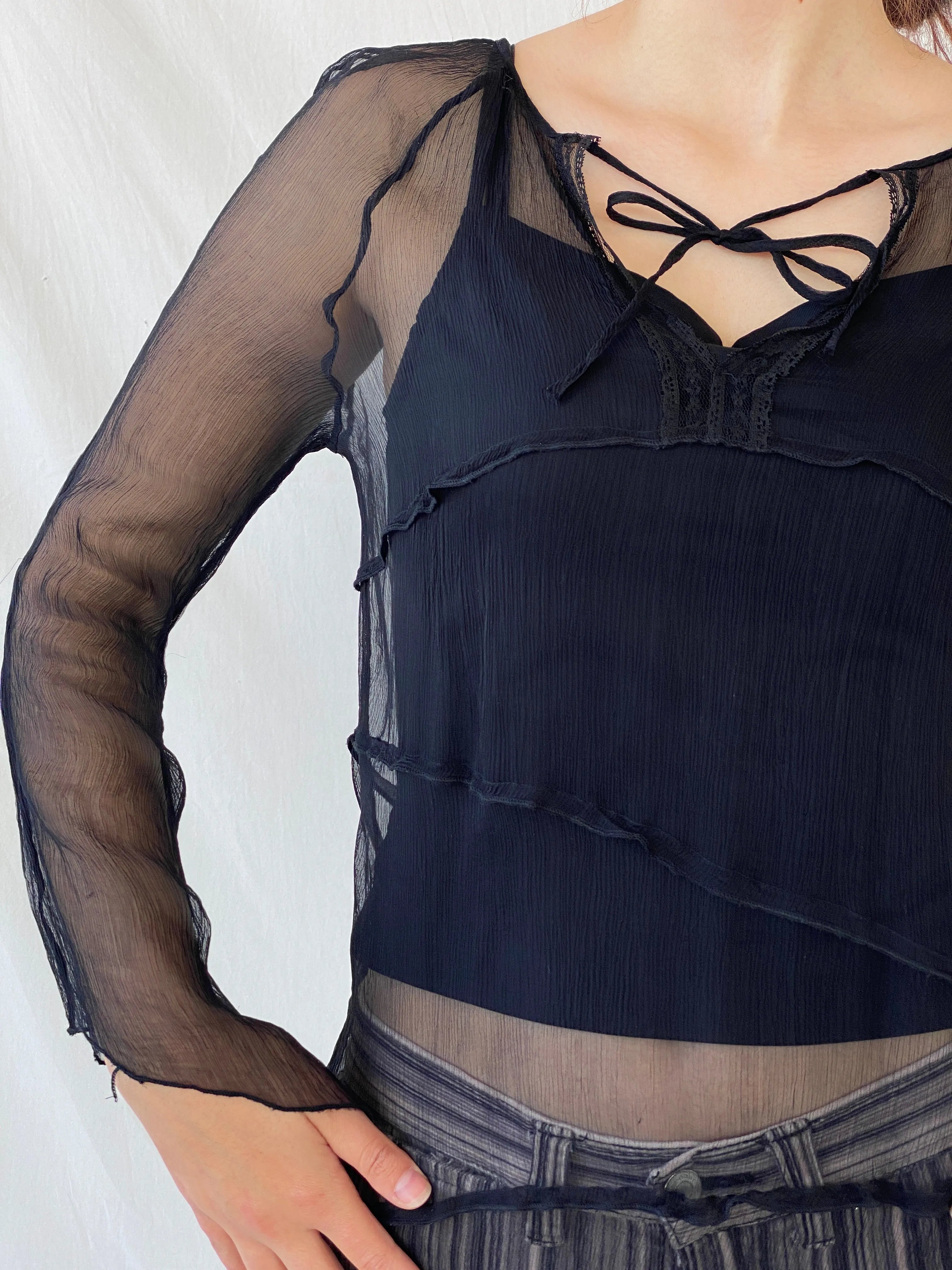 Y2K Black Chiffon Tie Front Full Sleeve Blouse - M - Balagan Vintage Full Sleeve Top 00s, 90s, Ayah, sheer, winter, women top