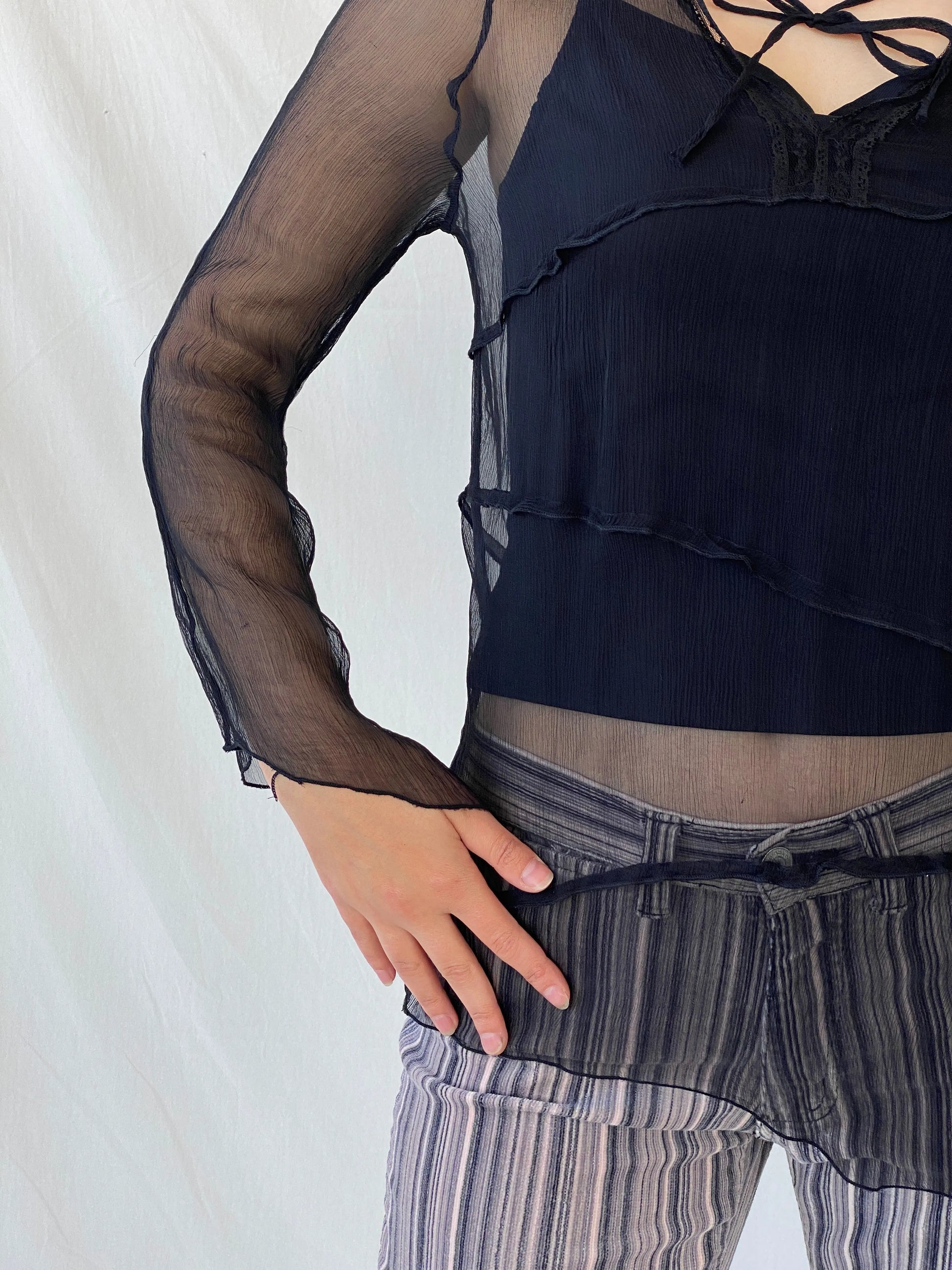 Y2K Black Chiffon Tie Front Full Sleeve Blouse - M - Balagan Vintage Full Sleeve Top 00s, 90s, Ayah, sheer, winter, women top