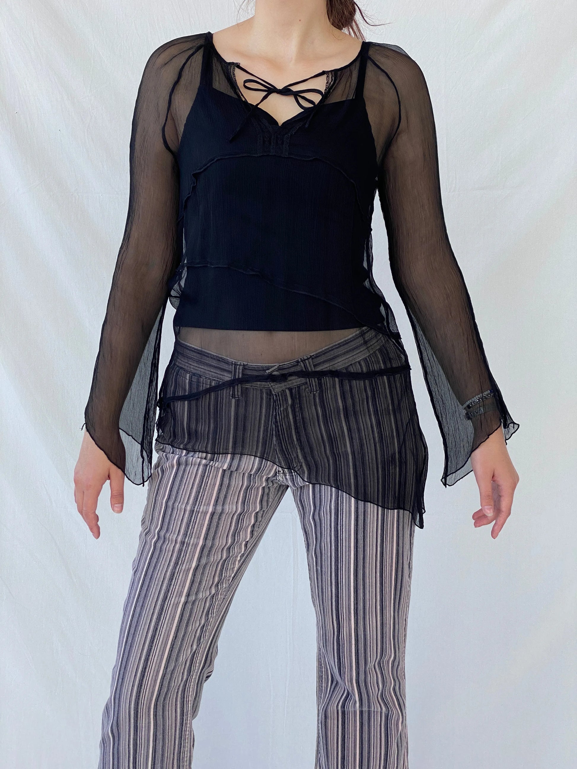 Y2K Black Chiffon Tie Front Full Sleeve Blouse - M - Balagan Vintage Full Sleeve Top 00s, 90s, Ayah, sheer, winter, women top