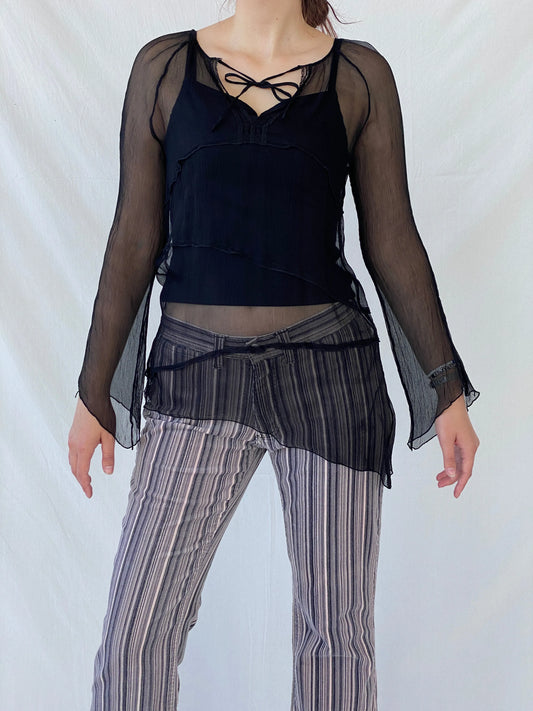 Y2K Black Chiffon Tie Front Full Sleeve Blouse - M - Balagan Vintage Full Sleeve Top 00s, 90s, Ayah, sheer, winter, women top