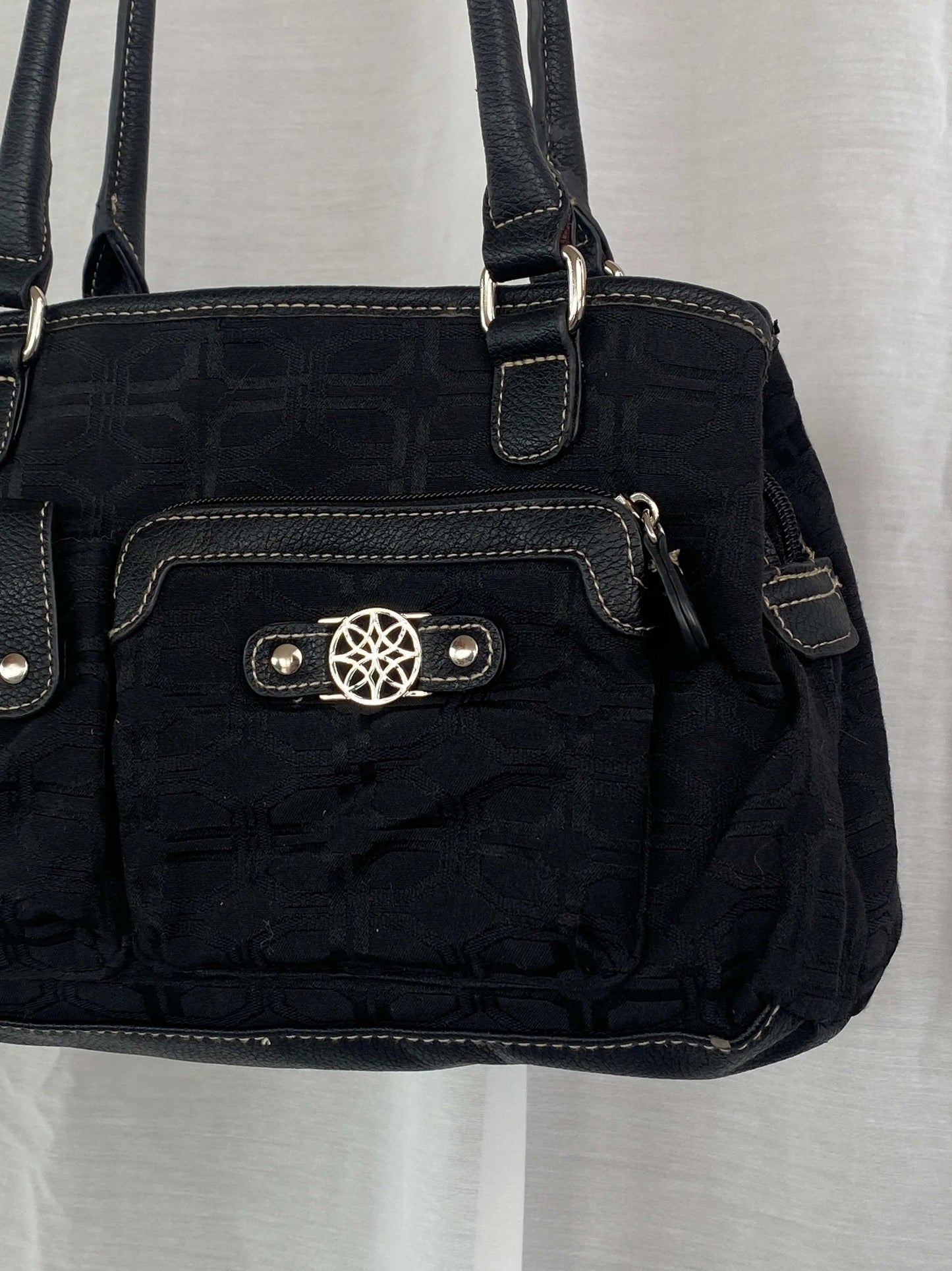 Y2K Black Fabric Double Handles Pocketed Floral Pattern Handbag - Balagan Vintage Shoulder Bag 90s, bag, shoulder bag