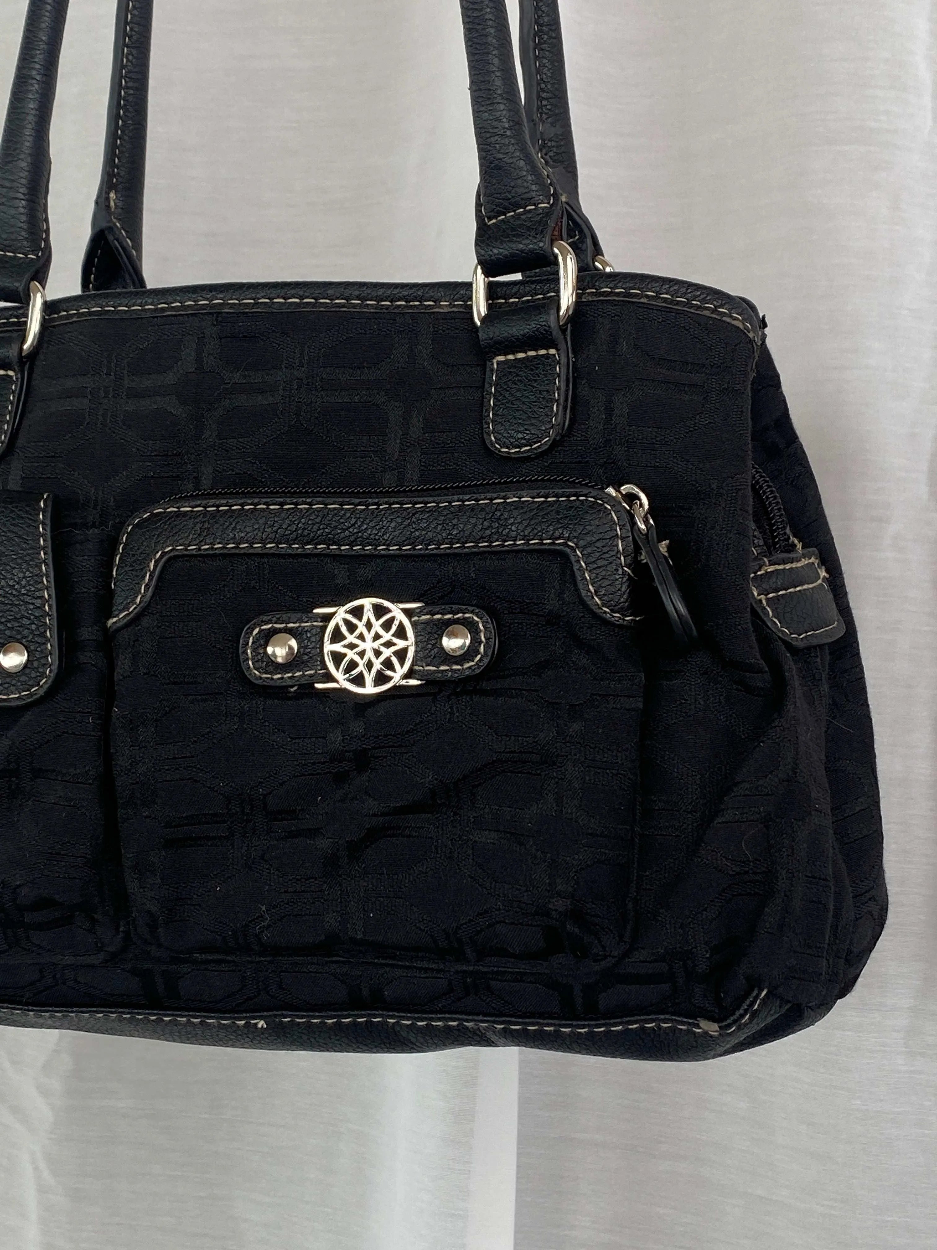 Y2K Black Fabric Double Handles Pocketed Floral Pattern Handbag - Balagan Vintage Shoulder Bag 90s, bag, shoulder bag