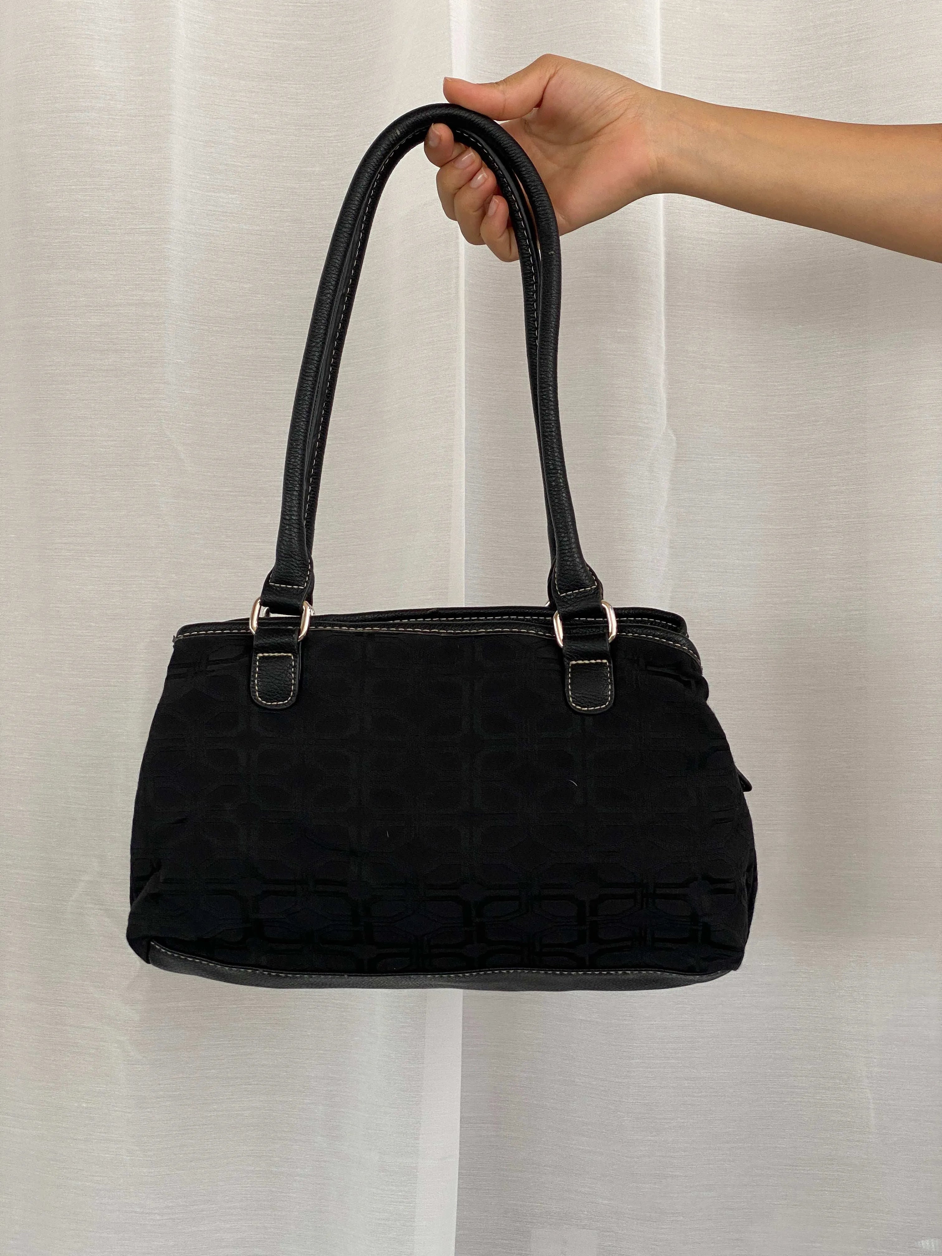Y2K Black Fabric Double Handles Pocketed Floral Pattern Handbag - Balagan Vintage Shoulder Bag 90s, bag, shoulder bag