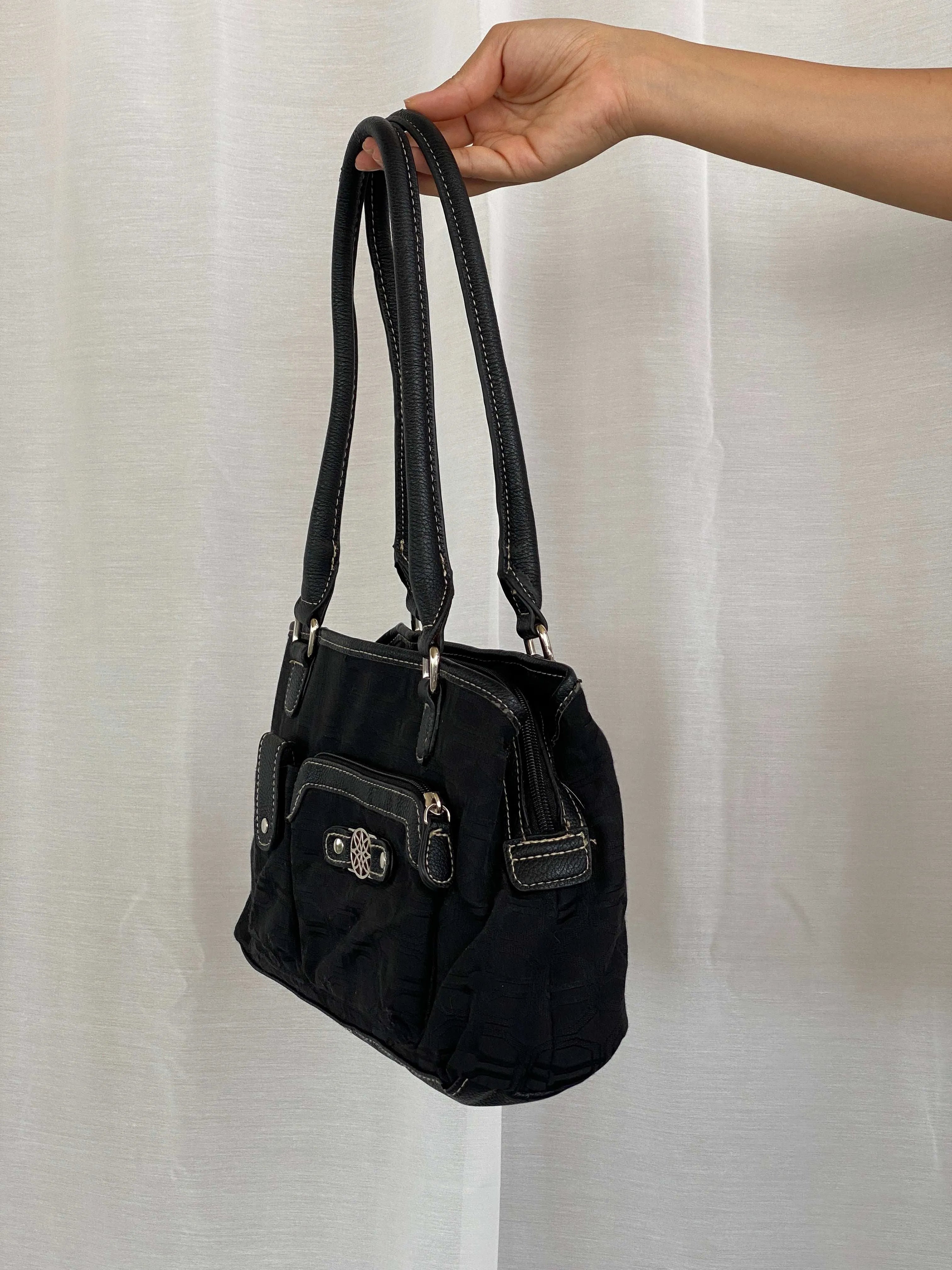 Y2K Black Fabric Double Handles Pocketed Floral Pattern Handbag - Balagan Vintage Shoulder Bag 90s, bag, shoulder bag