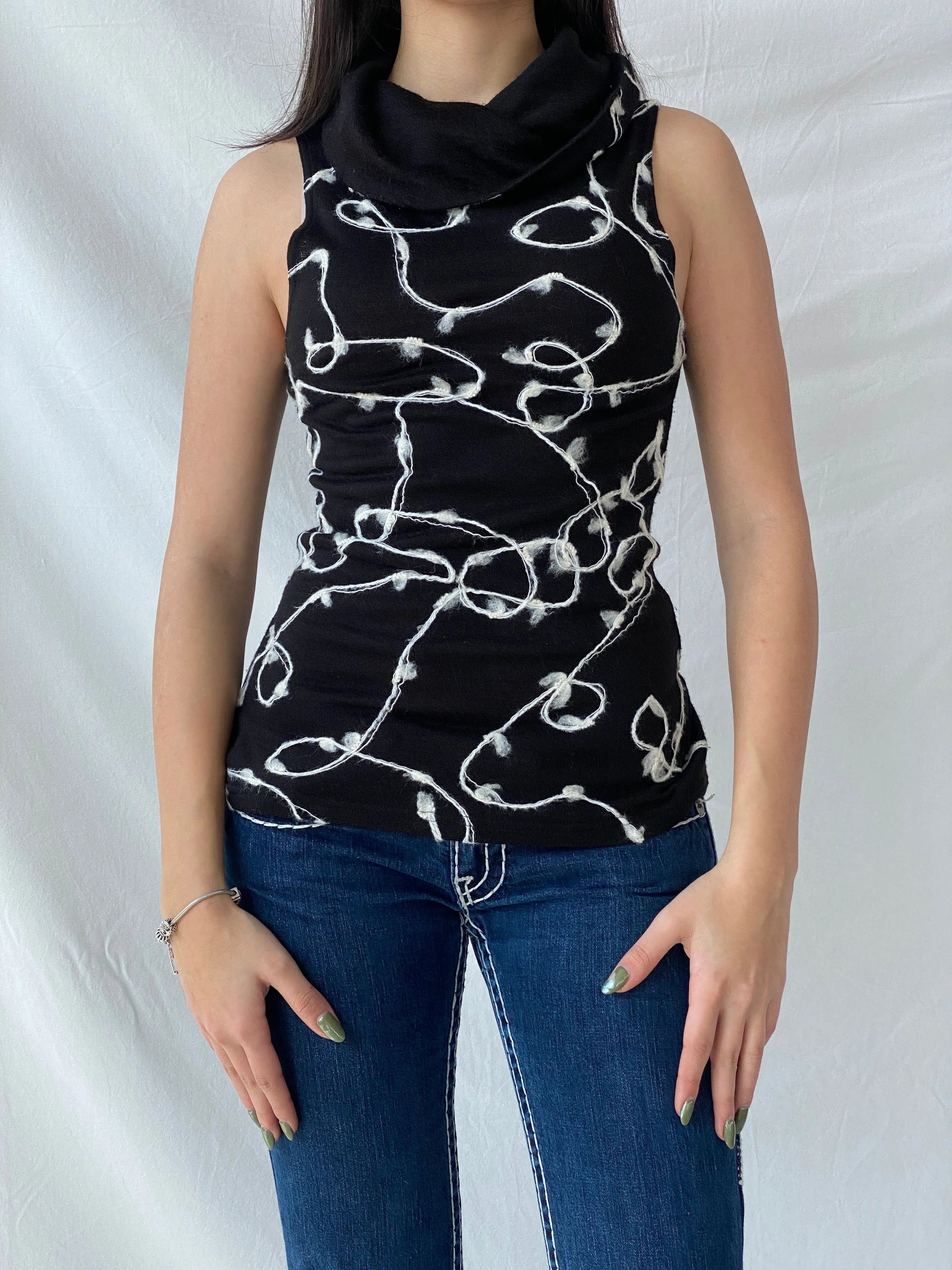 Y2K Black Turtle Neck Sleeveless Abstract Wool Embroidery Top - S - Balagan Vintage Sleeveless Top 00s, sleeveless top, Syntia, women top