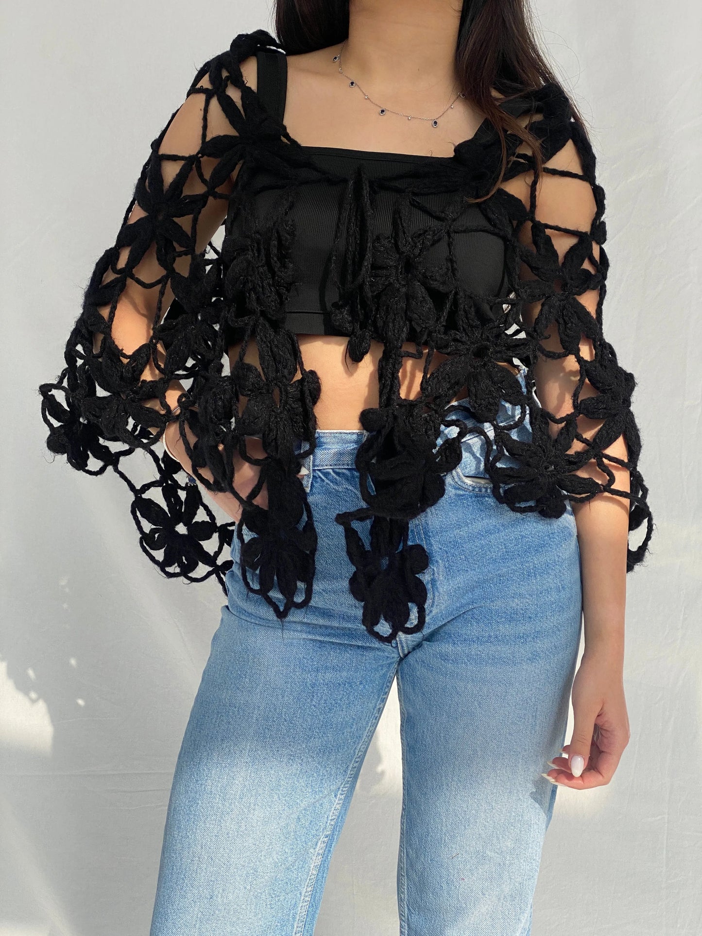 Y2K Black Women’s Crochet Scarf Cardigan - One Size - Balagan Vintage Half Sleeve Top 00s, Fatima, women top